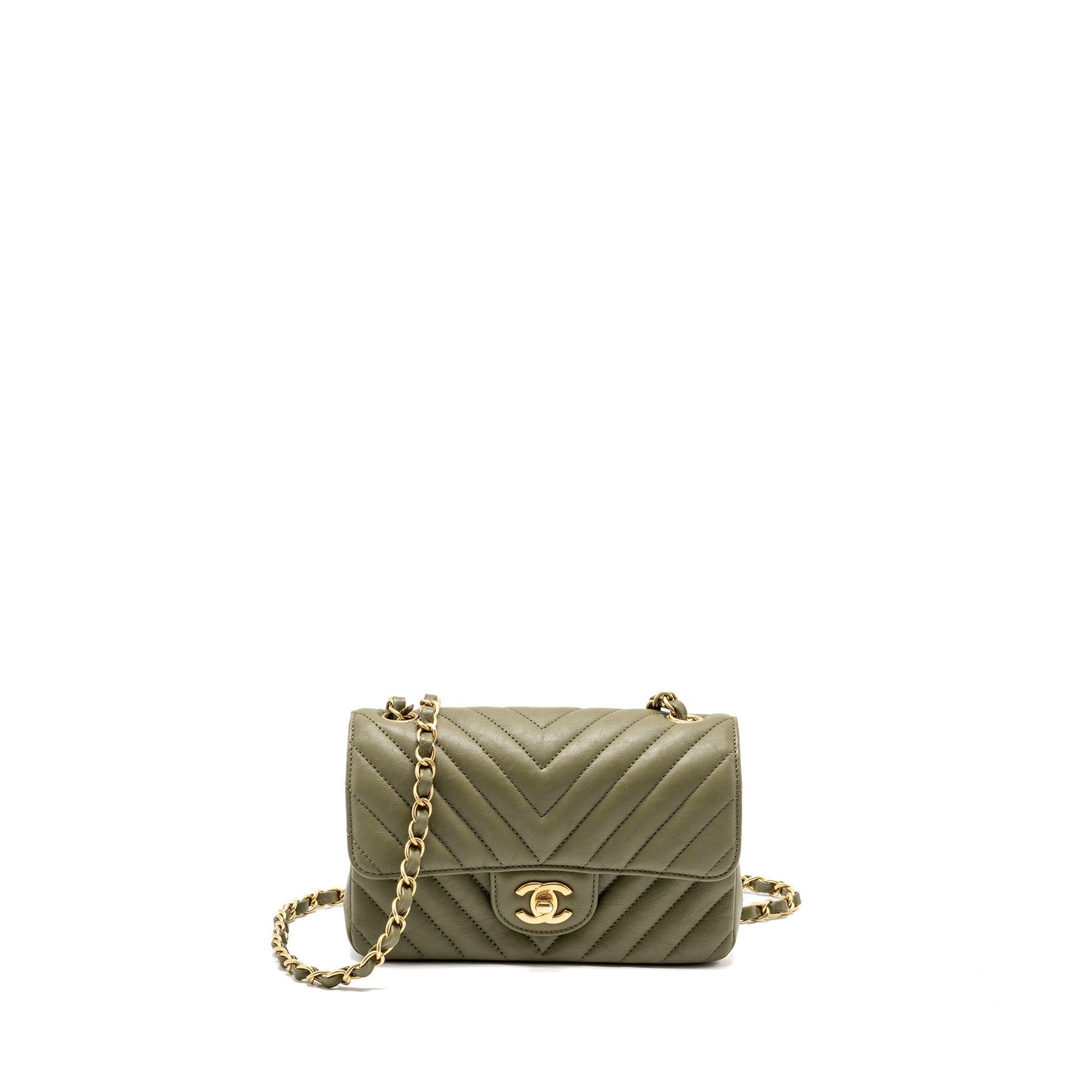 Chanel Chevron Rectangular Flap Calfskin Khaki GHW Shoulder Bag