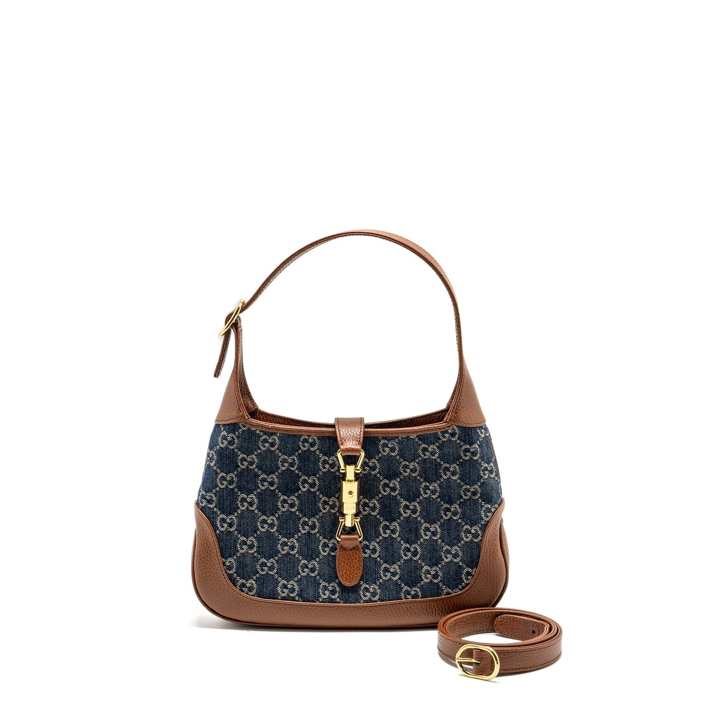Gucci Jackie Small Shoulder Bag Blue Leather Denim Brown Ghw