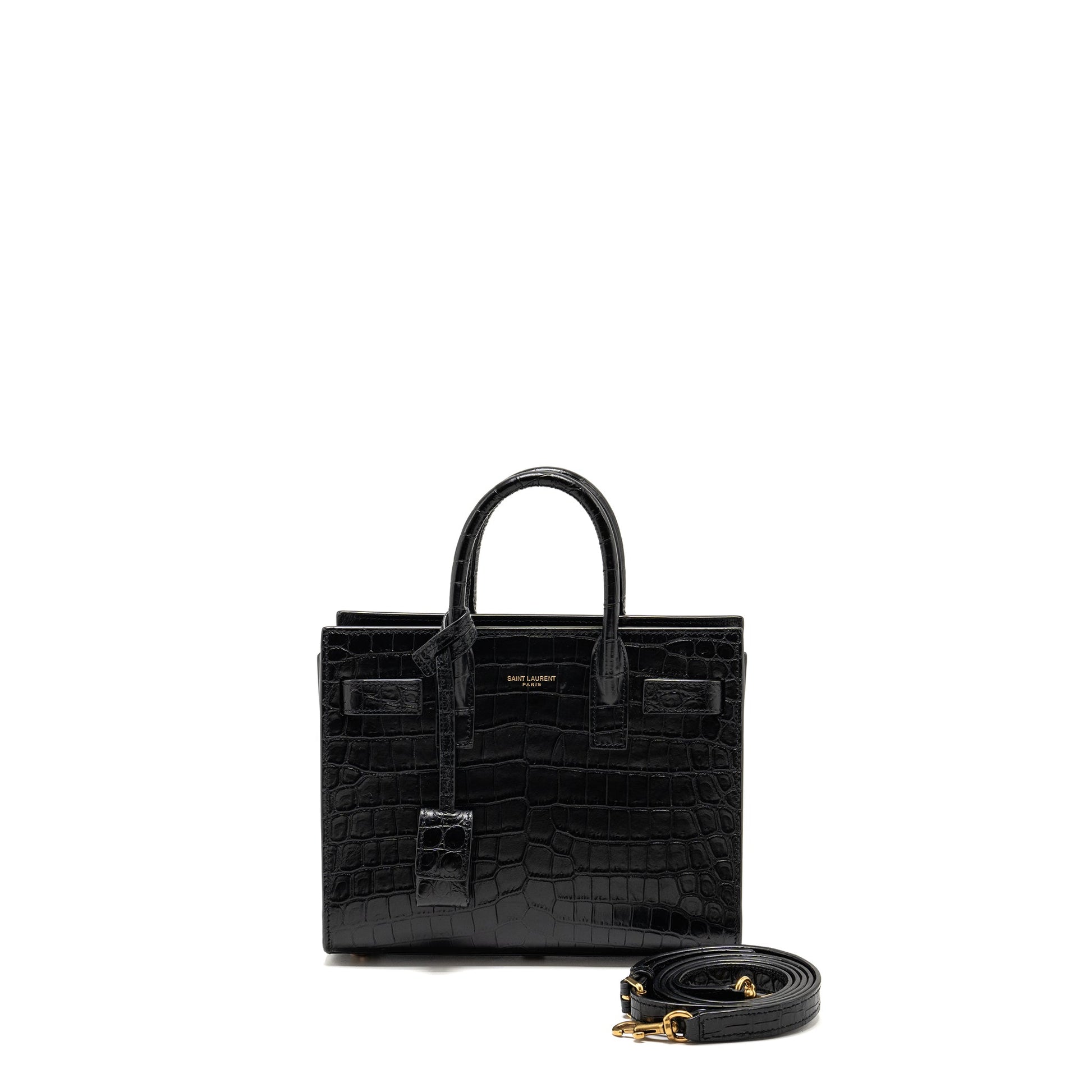 YSL Saint Laurent Nano Sac De Jour Crocodile Embossed Calfskin Black Travel Bag