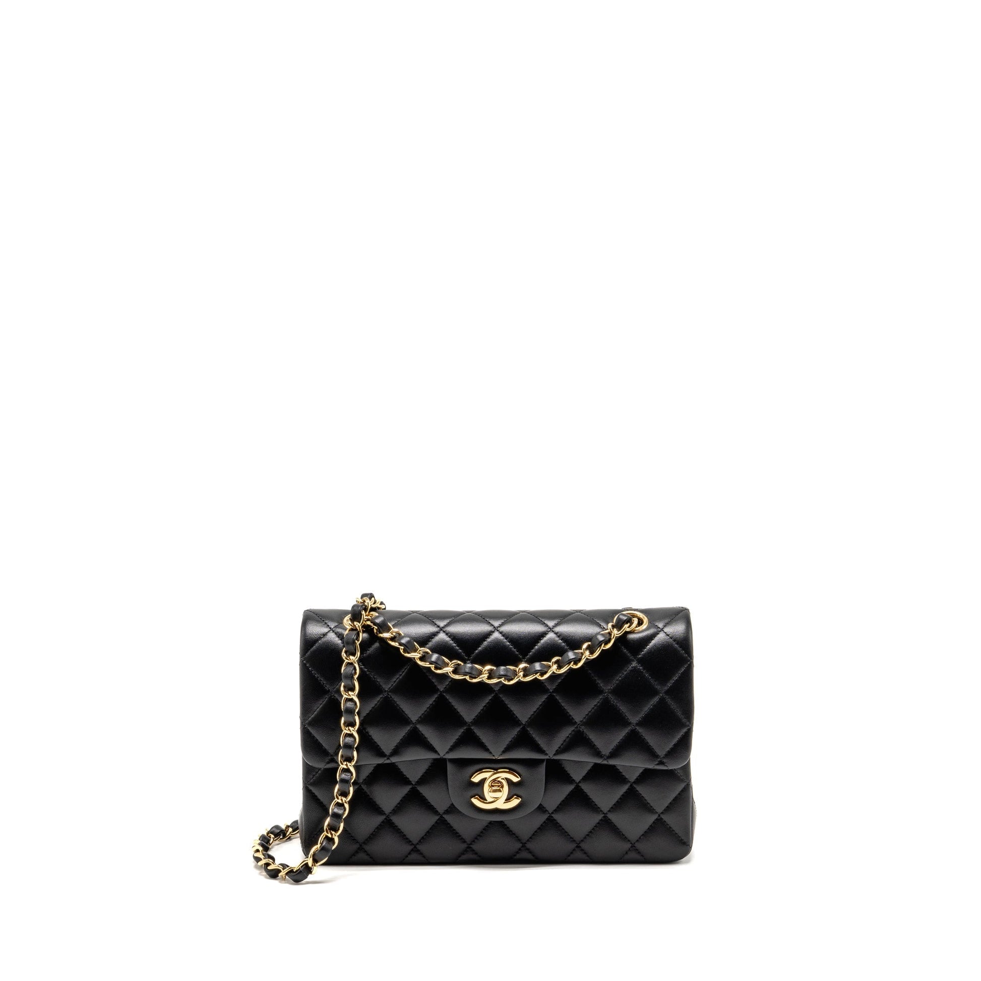 Chanel Classic Double Flap Lambskin LGHW Microchip Black Small Shoulder Bag