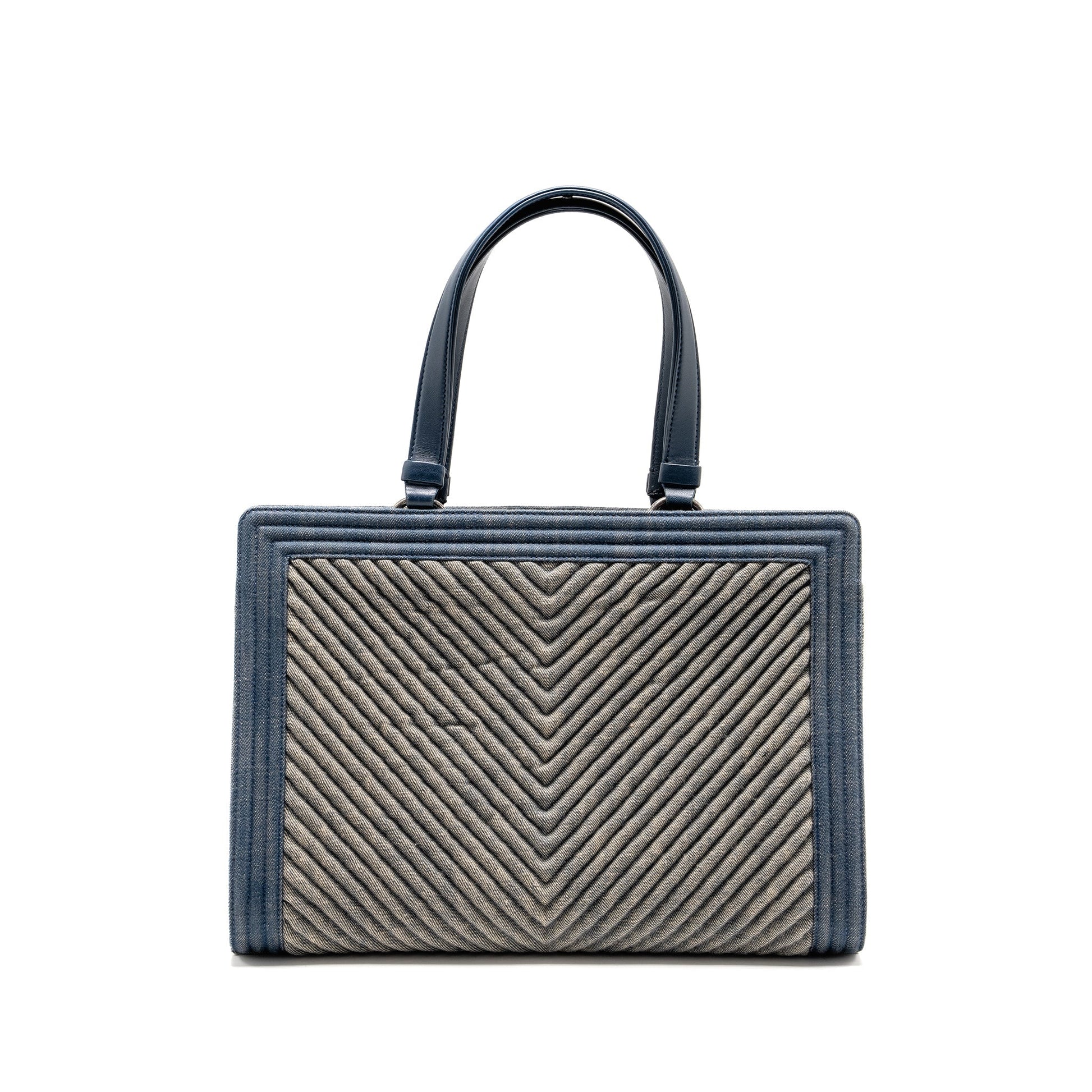 Chanel 15P Boy Chevron Shopping Denim Lambskin Blue Tote Bag
