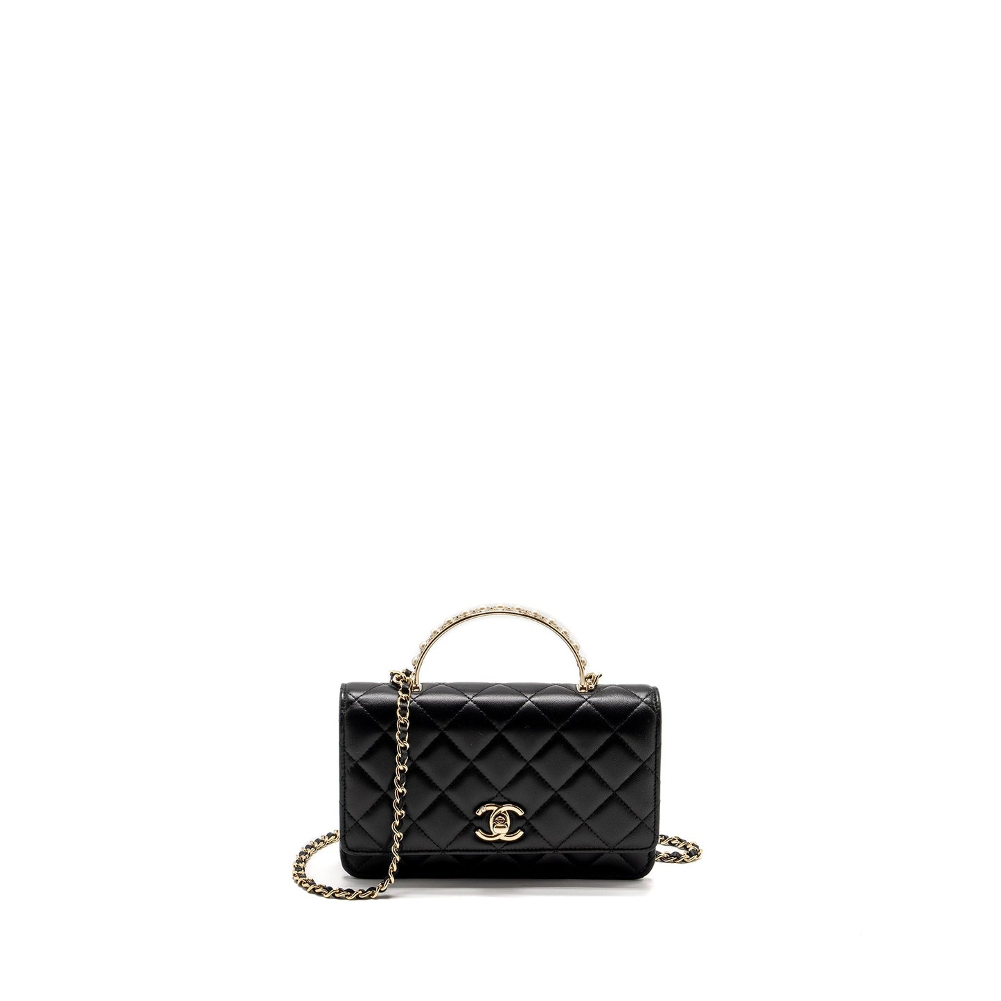 Chanel Pearl Detailed Top Handel On Lambskin Black Wallet Case