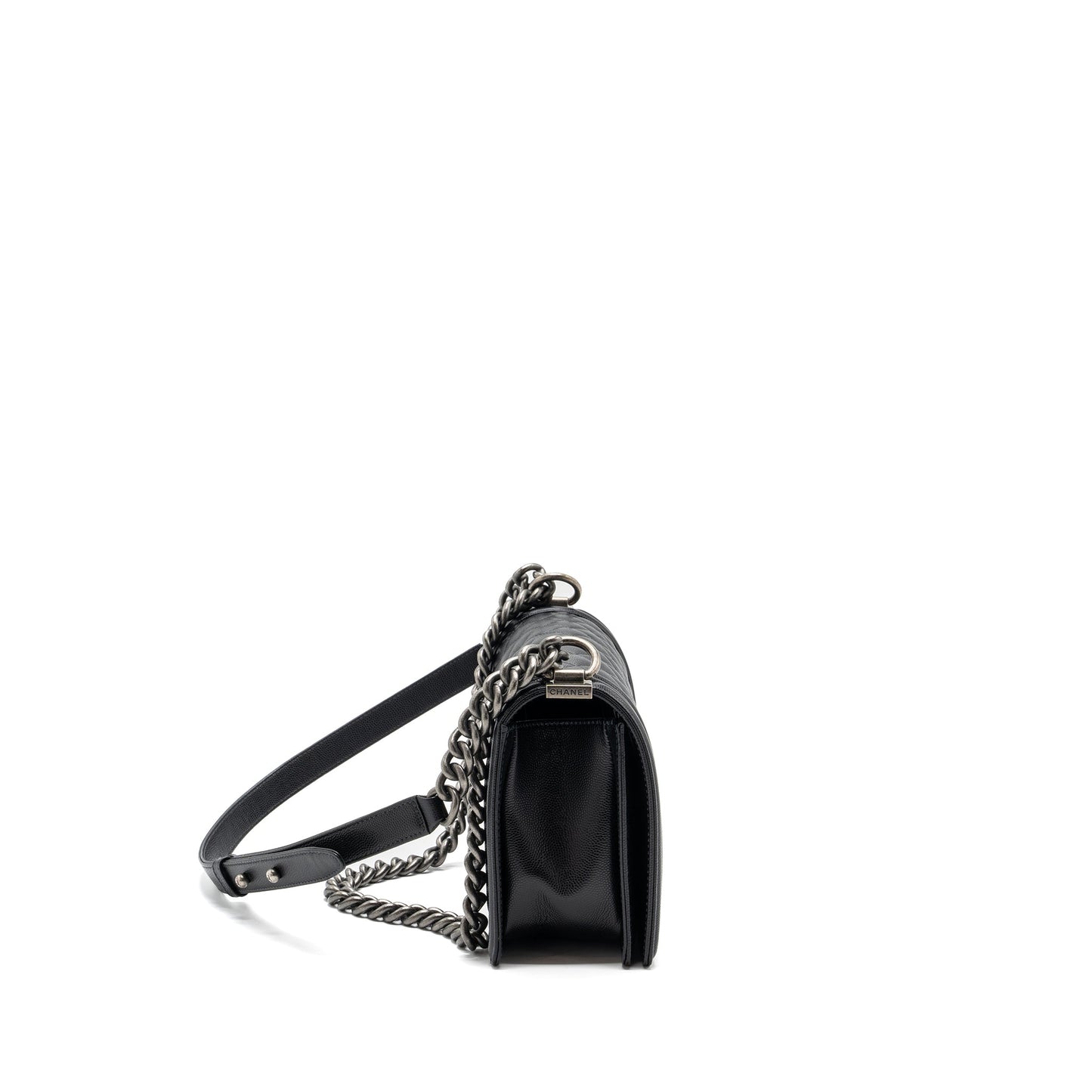 Chanel Boy Caviar Ruthenium Hardware Microchip Black Silver Handbag