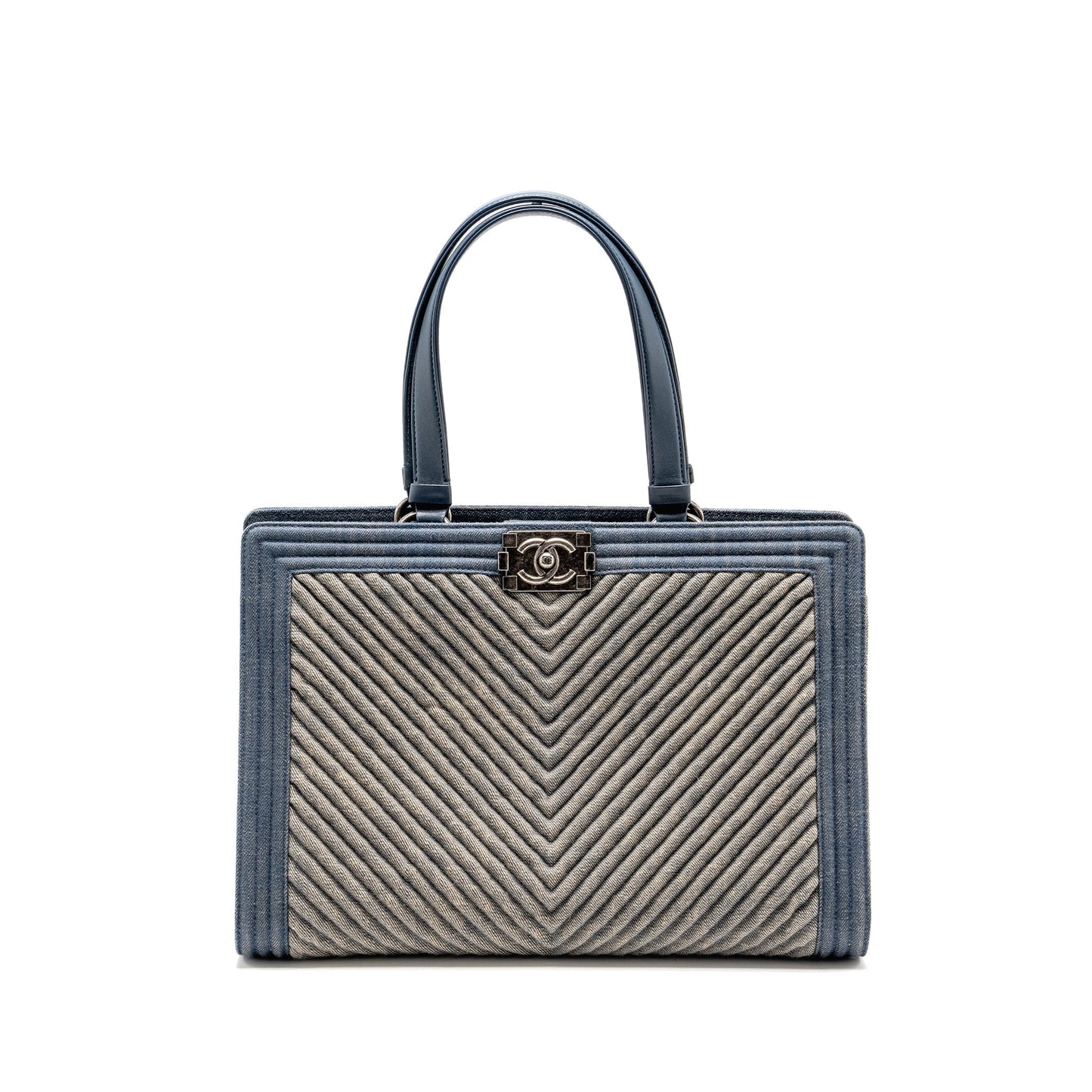 Chanel 15P Boy Chevron Shopping Denim Lambskin Blue Tote Bag