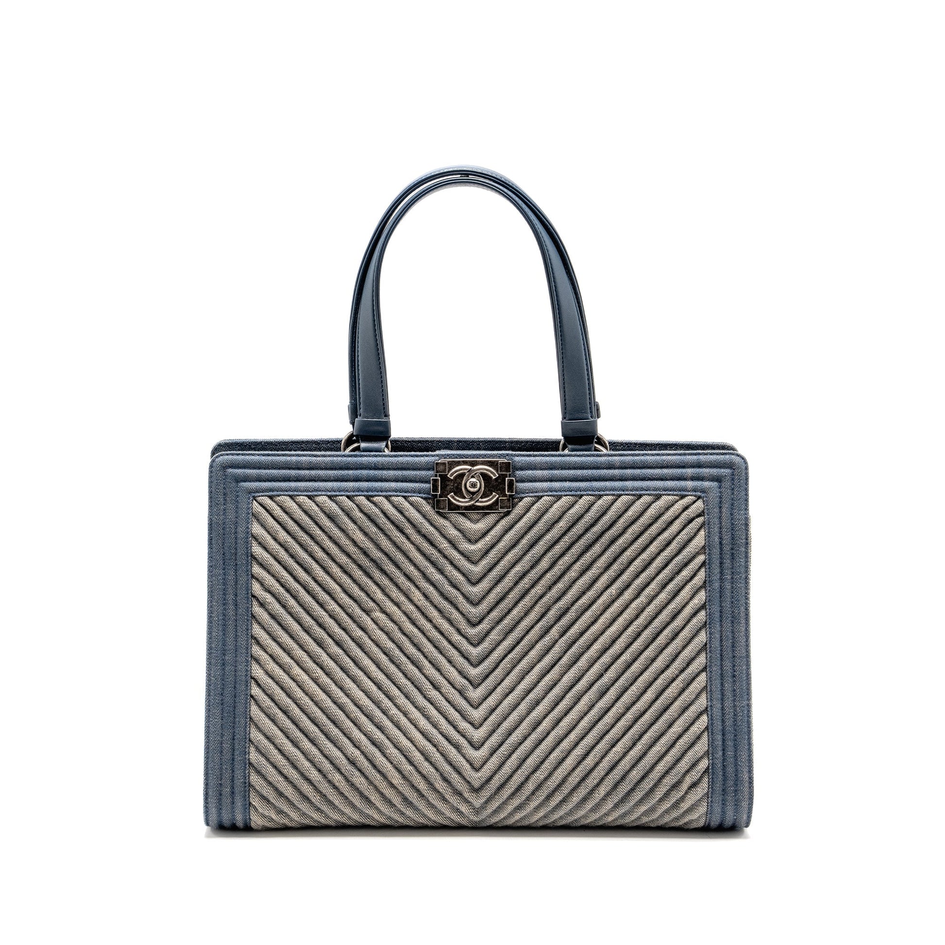 Chanel 15P Boy Chevron Shopping Denim Lambskin Blue Tote Bag