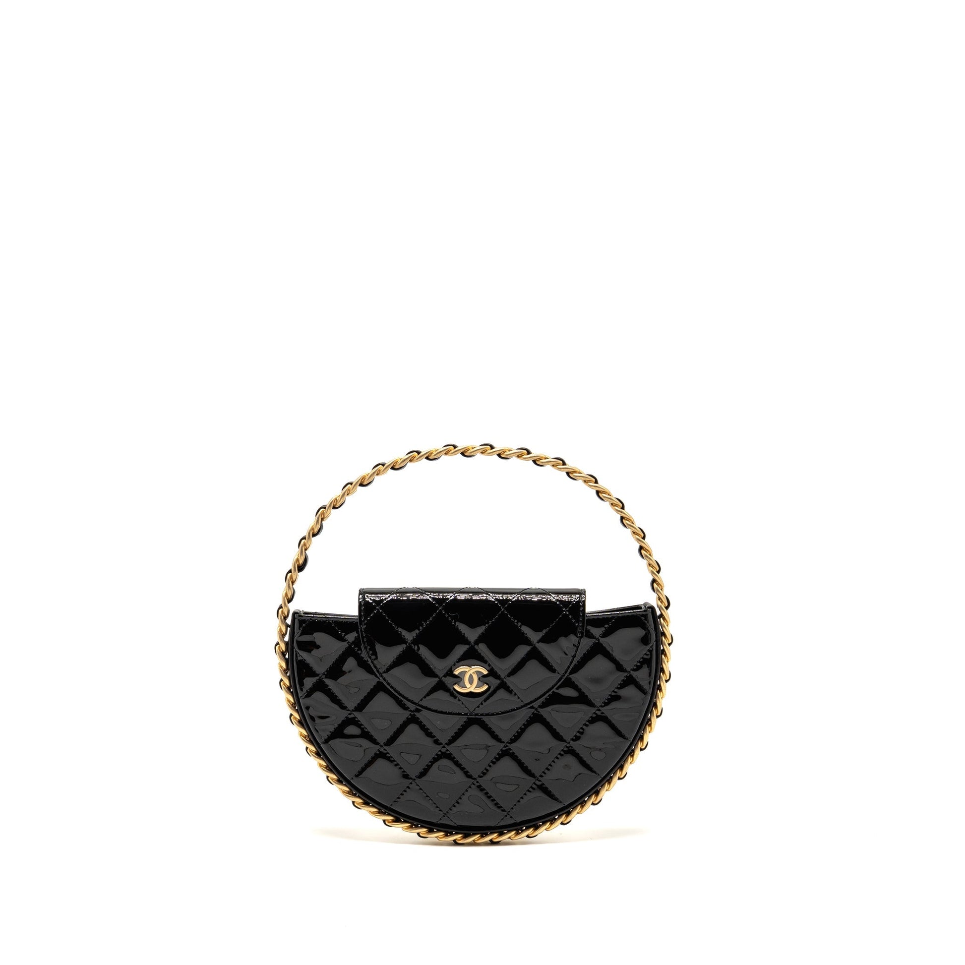 Chanel 23K Hoop Patent GHW Microchip Black Leather Handbag Microchip 2