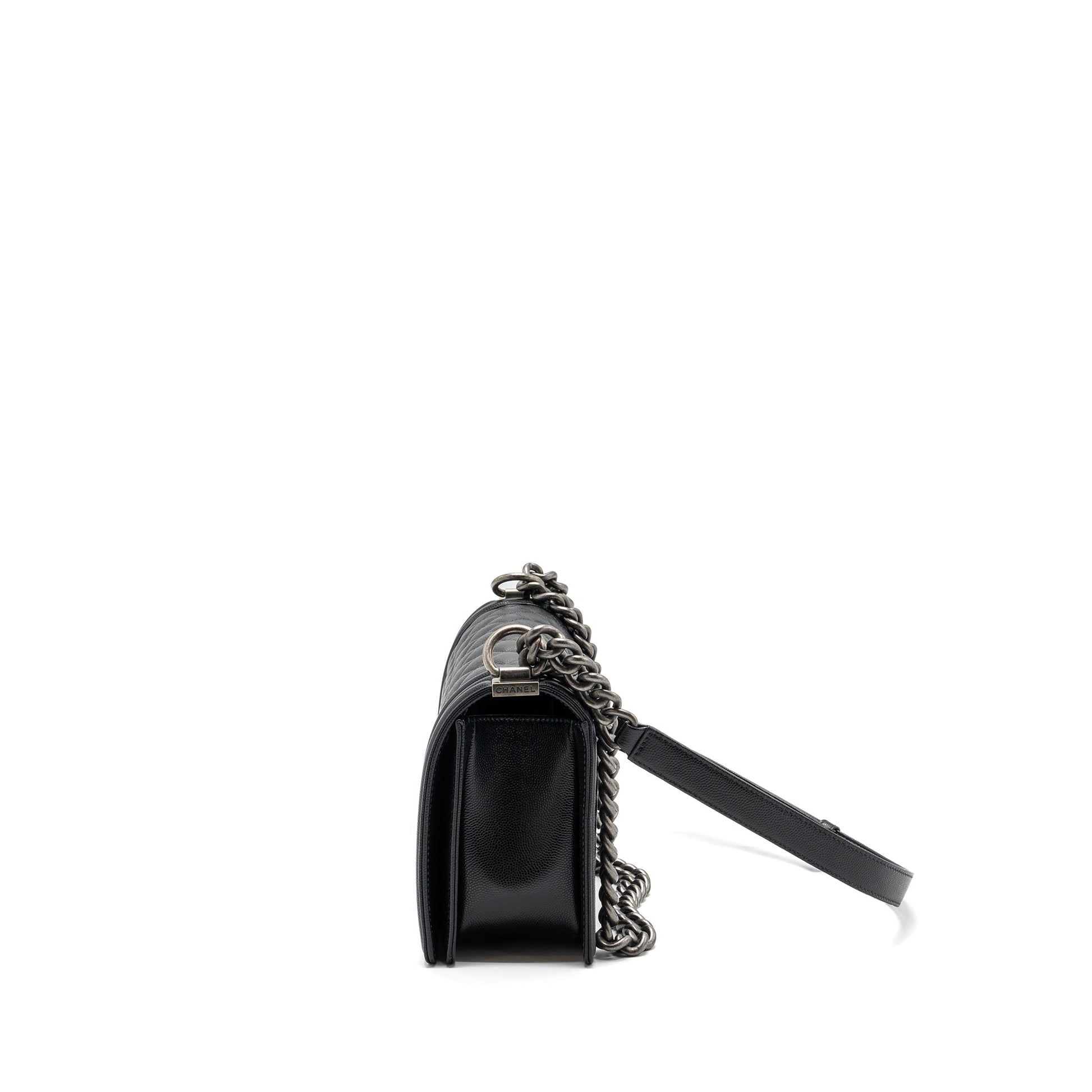 Chanel Boy Caviar Ruthenium Hardware Microchip Black Silver Handbag