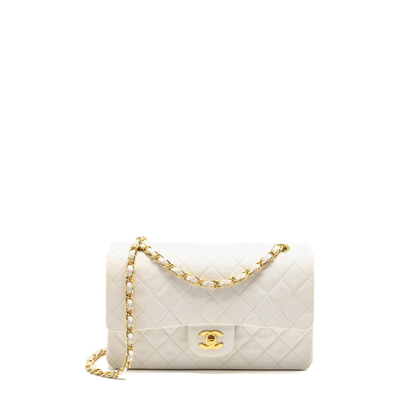 Chanel Classic Double Flap Lambskin GHW White Shoulder Bag Lambskin Ghw