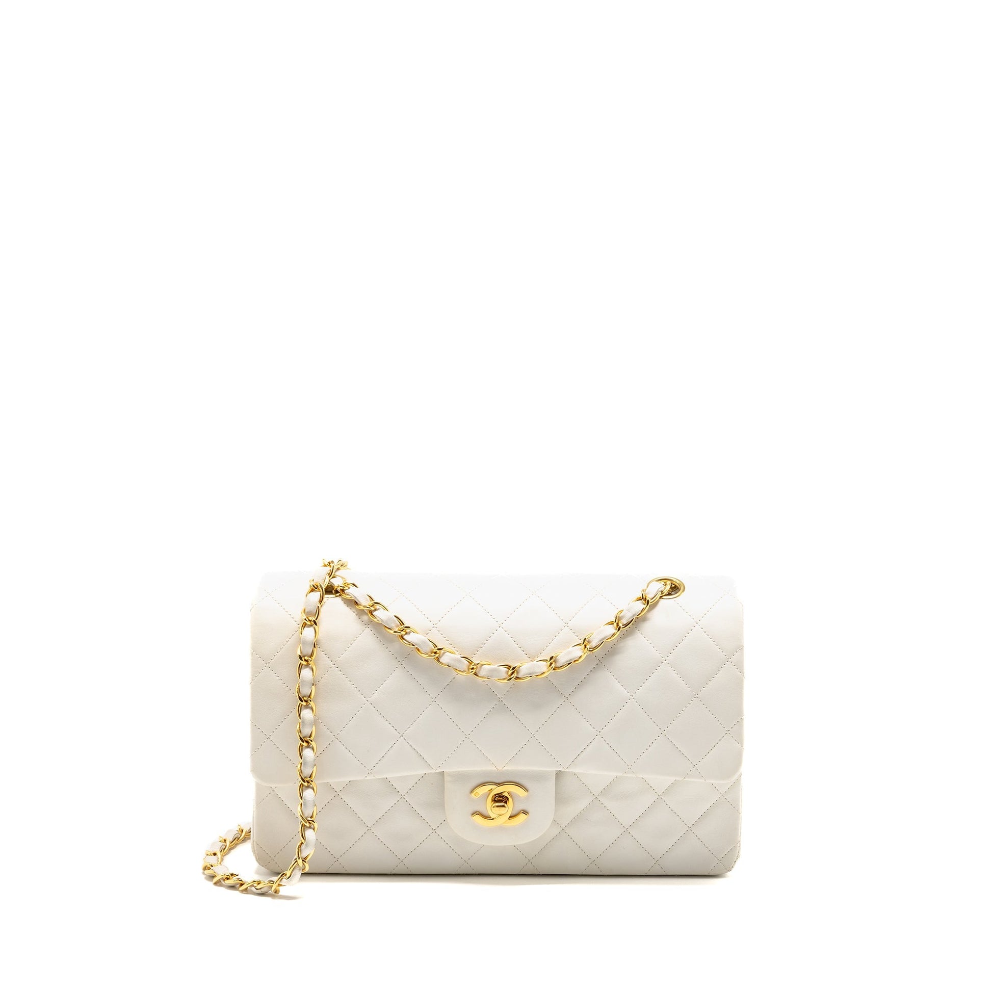 Chanel Classic Double Flap Lambskin GHW White Shoulder Bag Lambskin Ghw