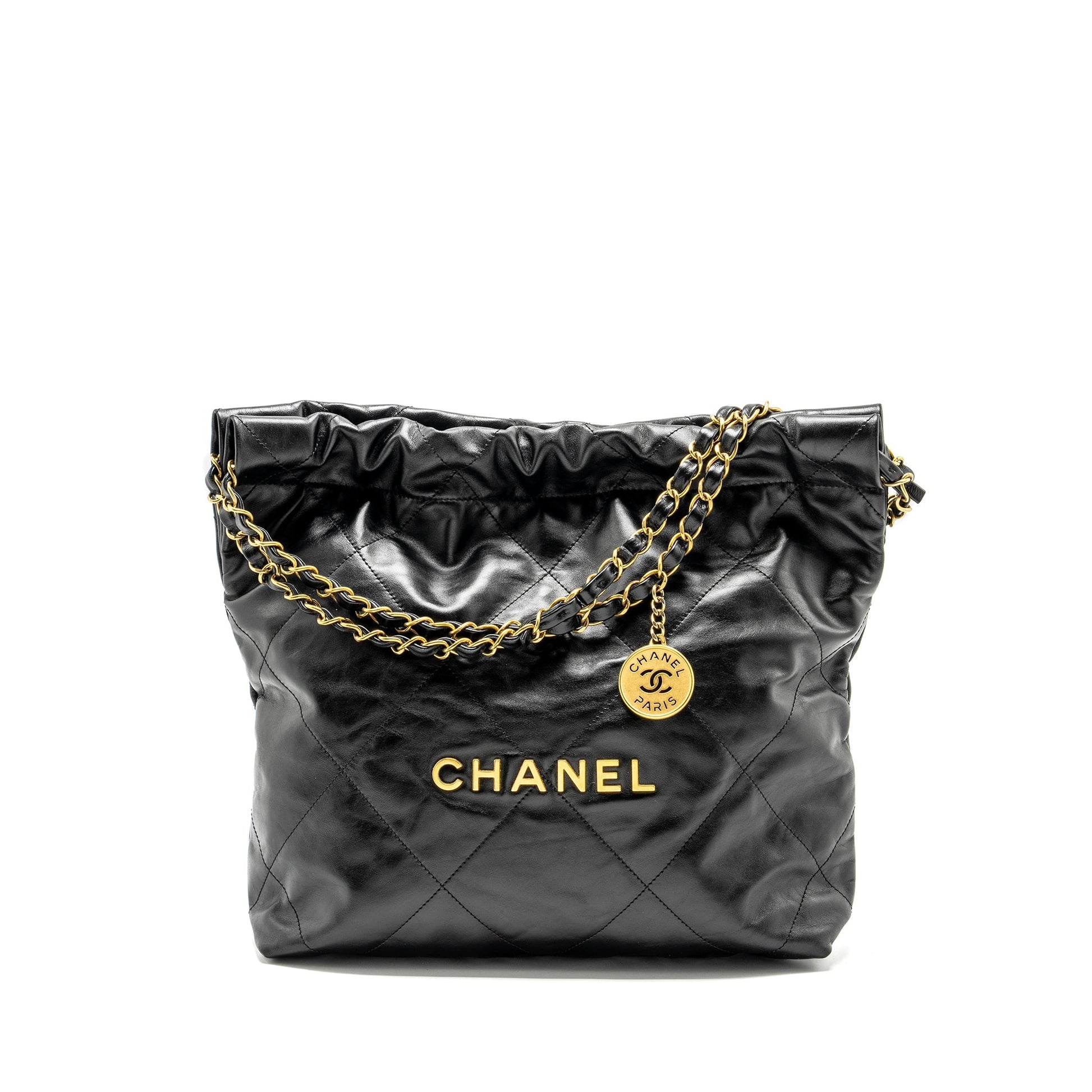 Chanel 22 Shiny Calfskin GHW Microchip Black Small Handbag Black Ghwmicrochip