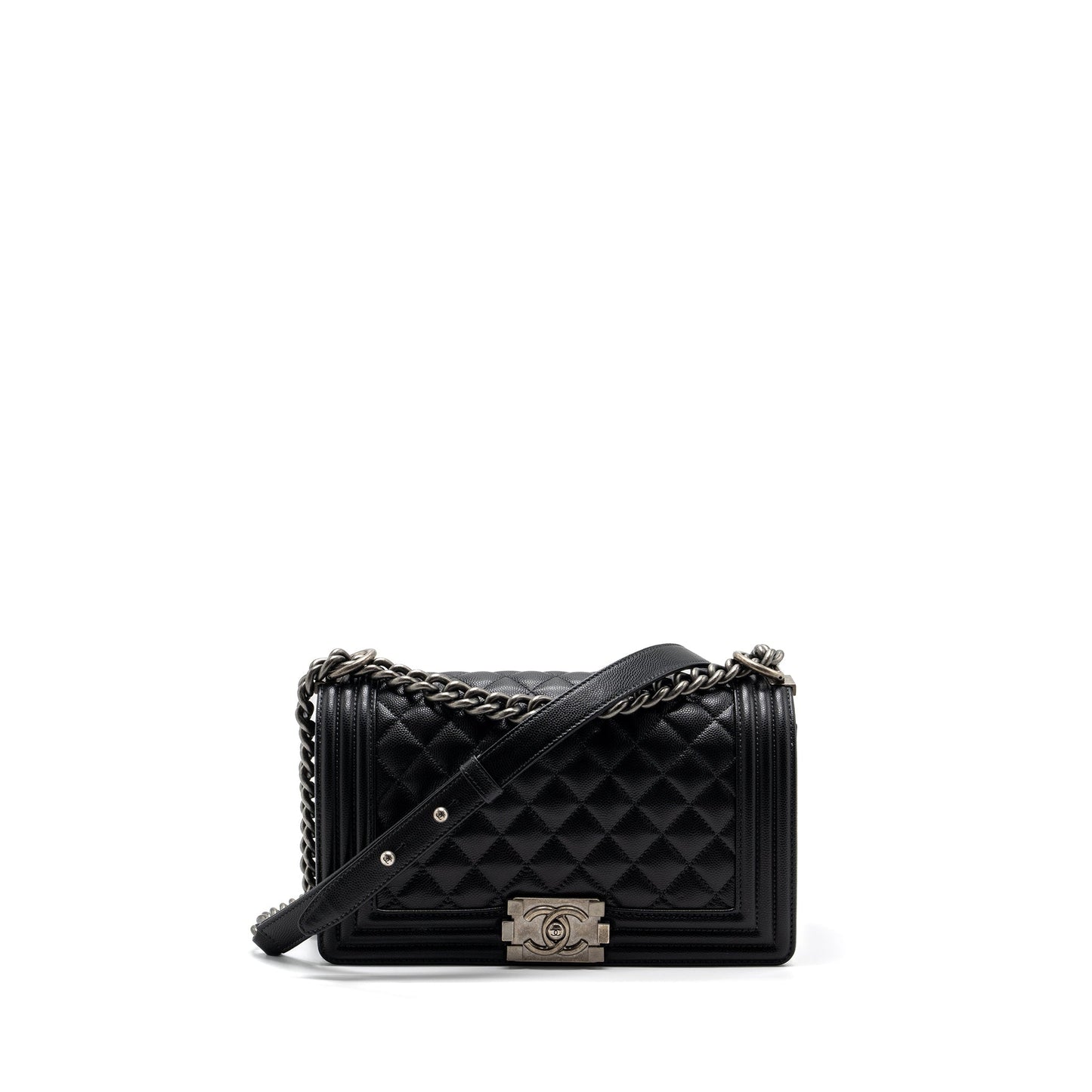 Chanel Boy Caviar Ruthenium Hardware Microchip Black Silver Handbag