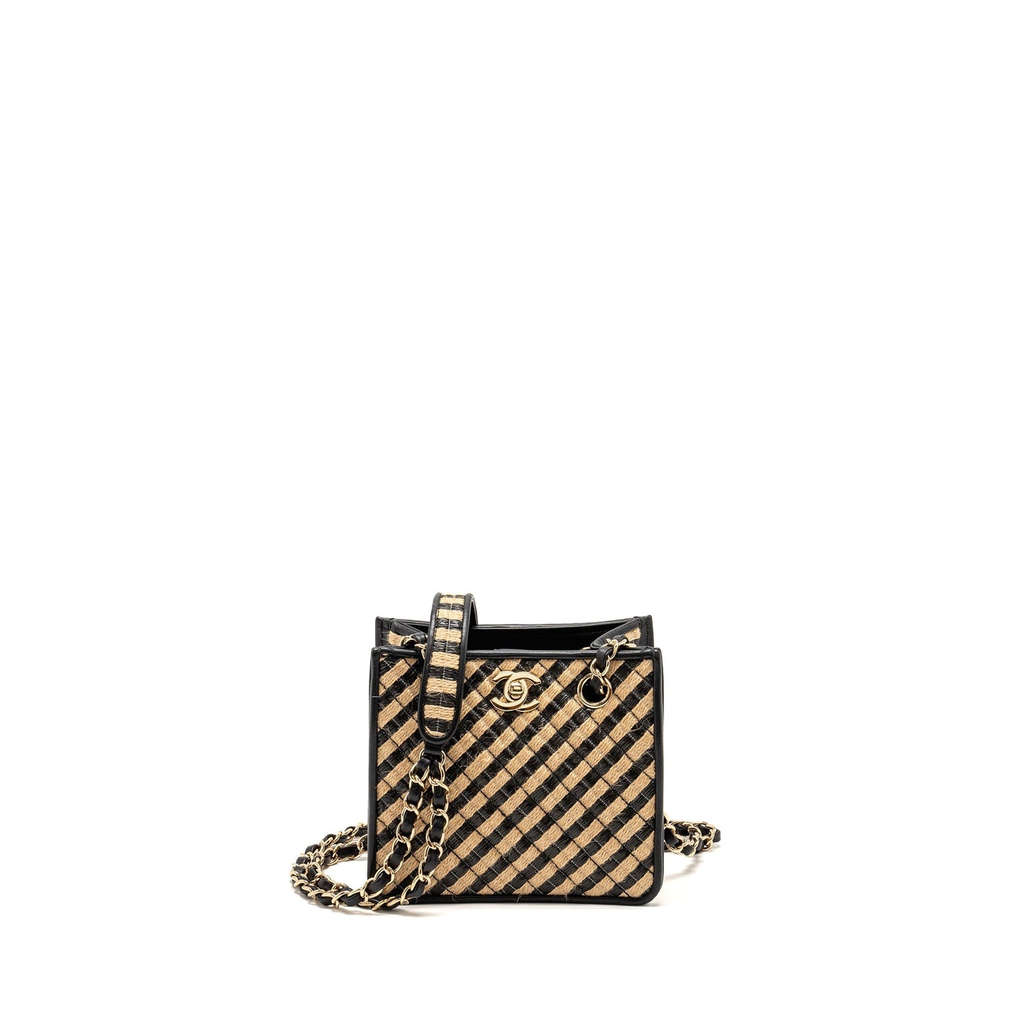 Chanel Urban Jungle Bucket Raffia LGHW Black Beige Leather Bucket Bag