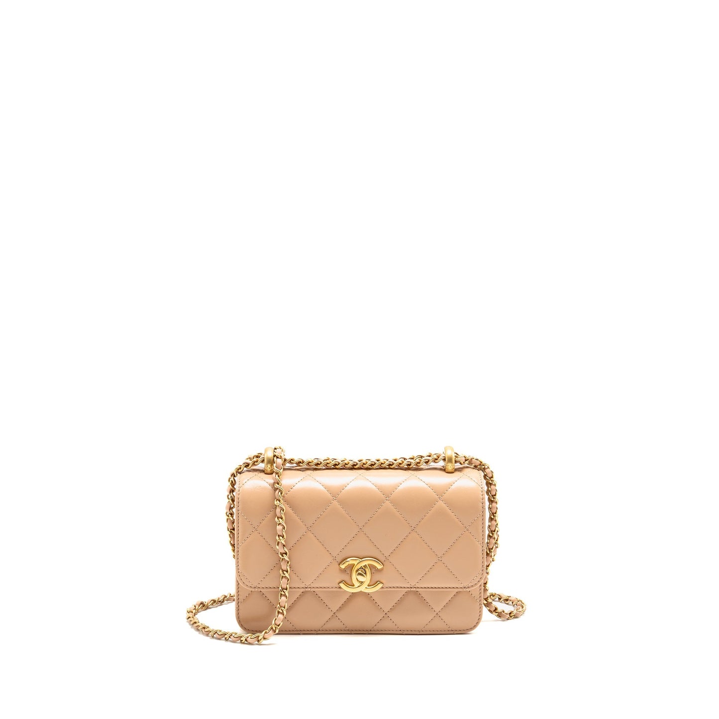 Chanel Crush Flap Calfskin GHW Microchip Gold Beige Shoulder Bag
