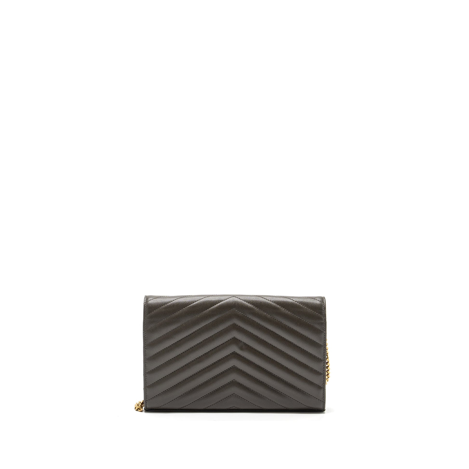 YSL Saint Laurent Envelop Purse Grained Calfskin Dark Travel Bag Green Chain