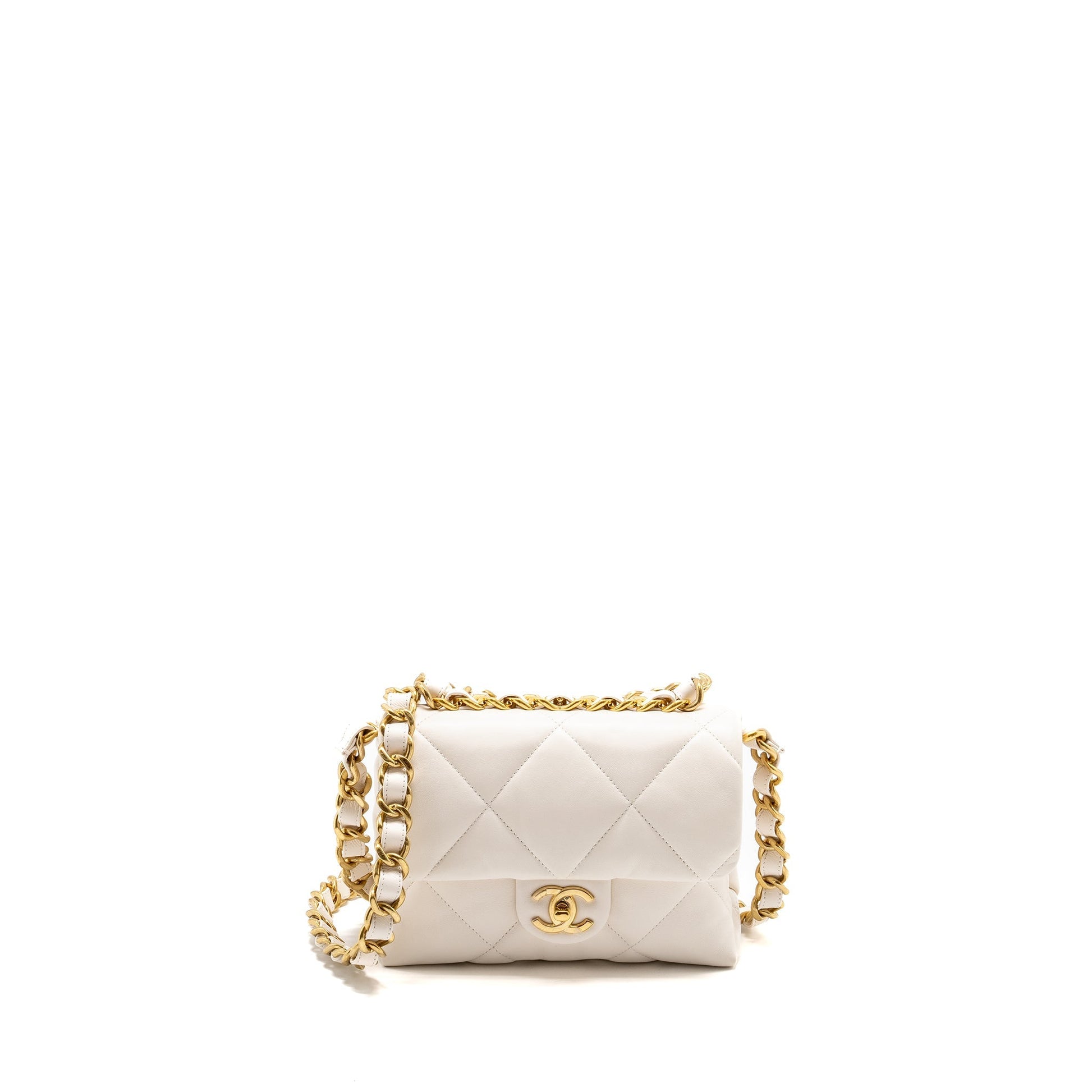 Chanel 22B Cushion Flap Lambskin GHW Microchip White Shoulder Bag