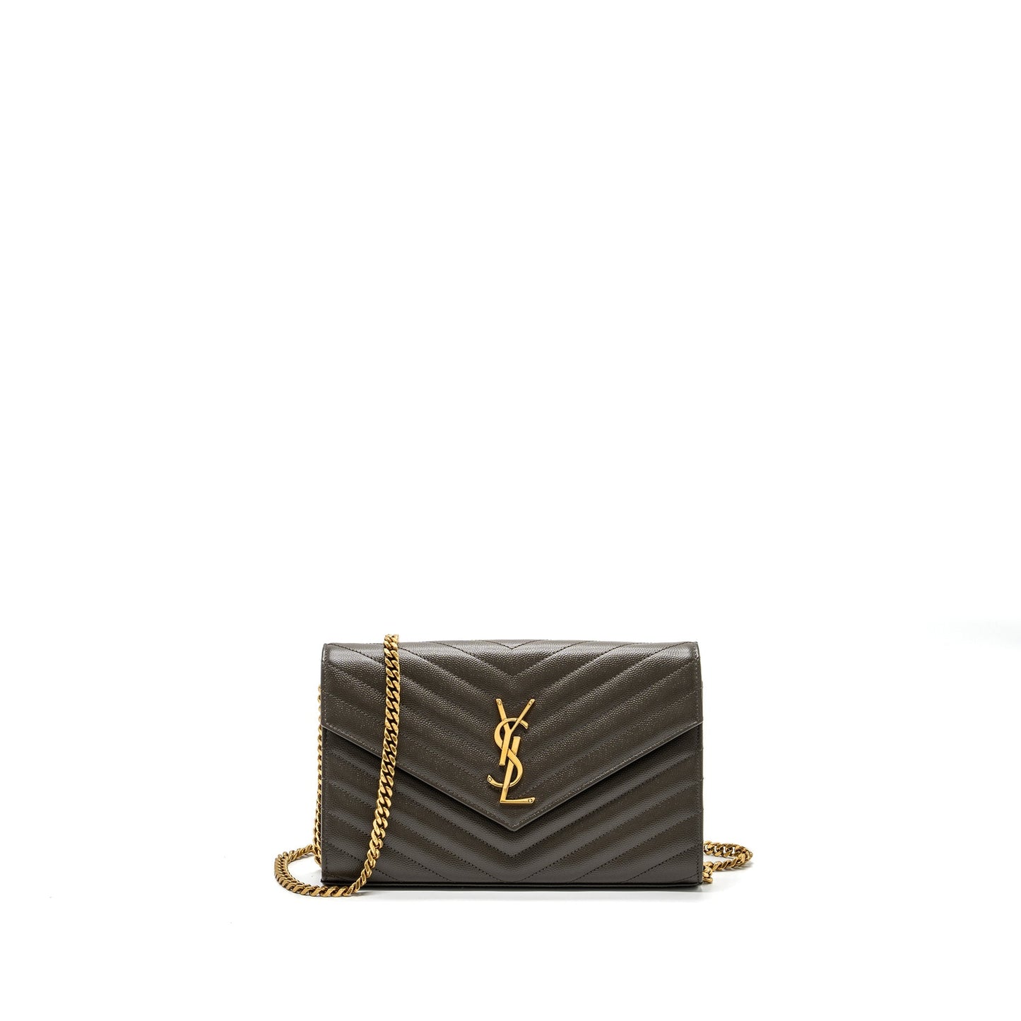 YSL Saint Laurent Envelop Purse Grained Calfskin Dark Travel Bag Green Chain