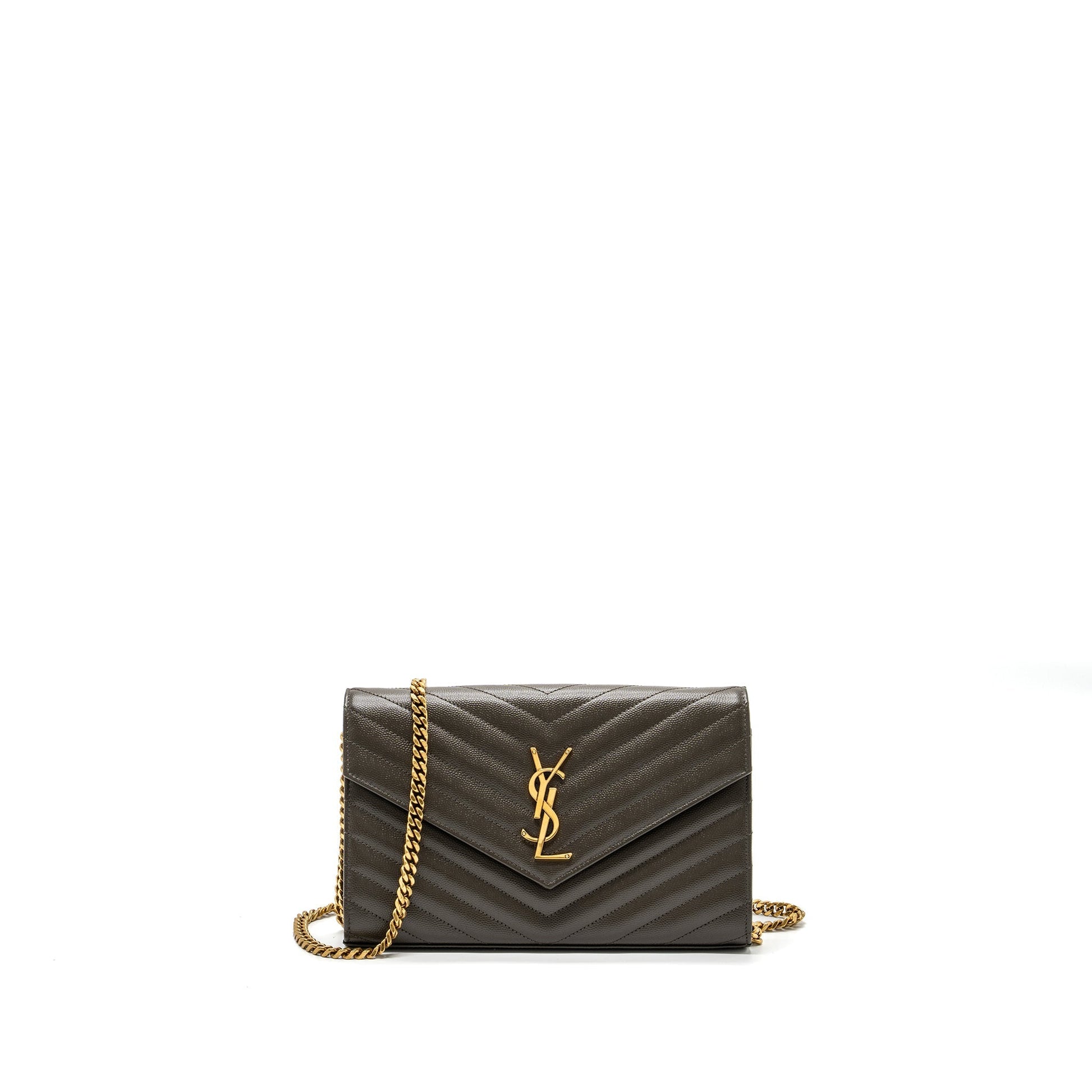 YSL Saint Laurent Envelop Purse Grained Calfskin Dark Travel Bag Green Chain