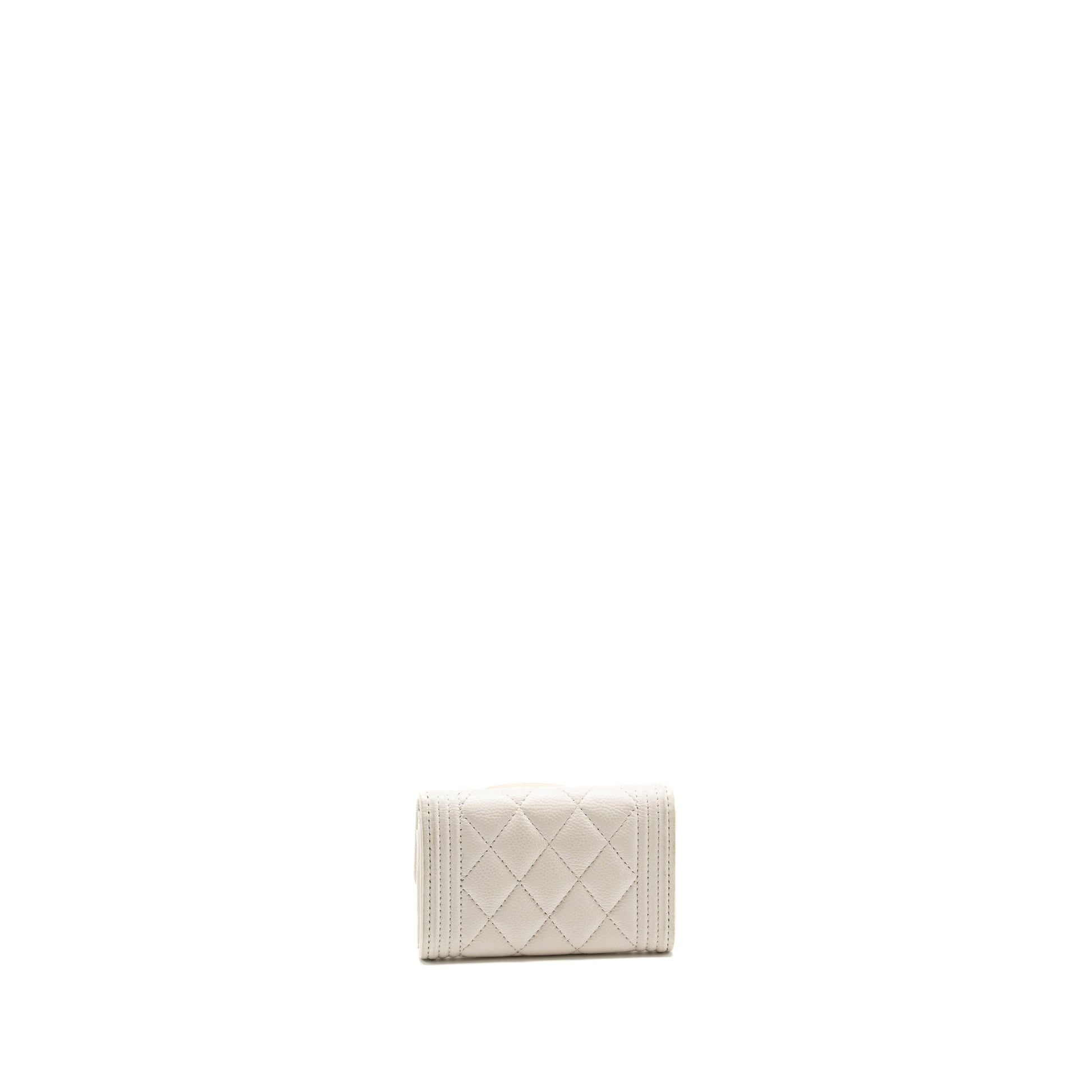 Chanel Boy Flap Card Holder Caviar LGHW White Wallet Case