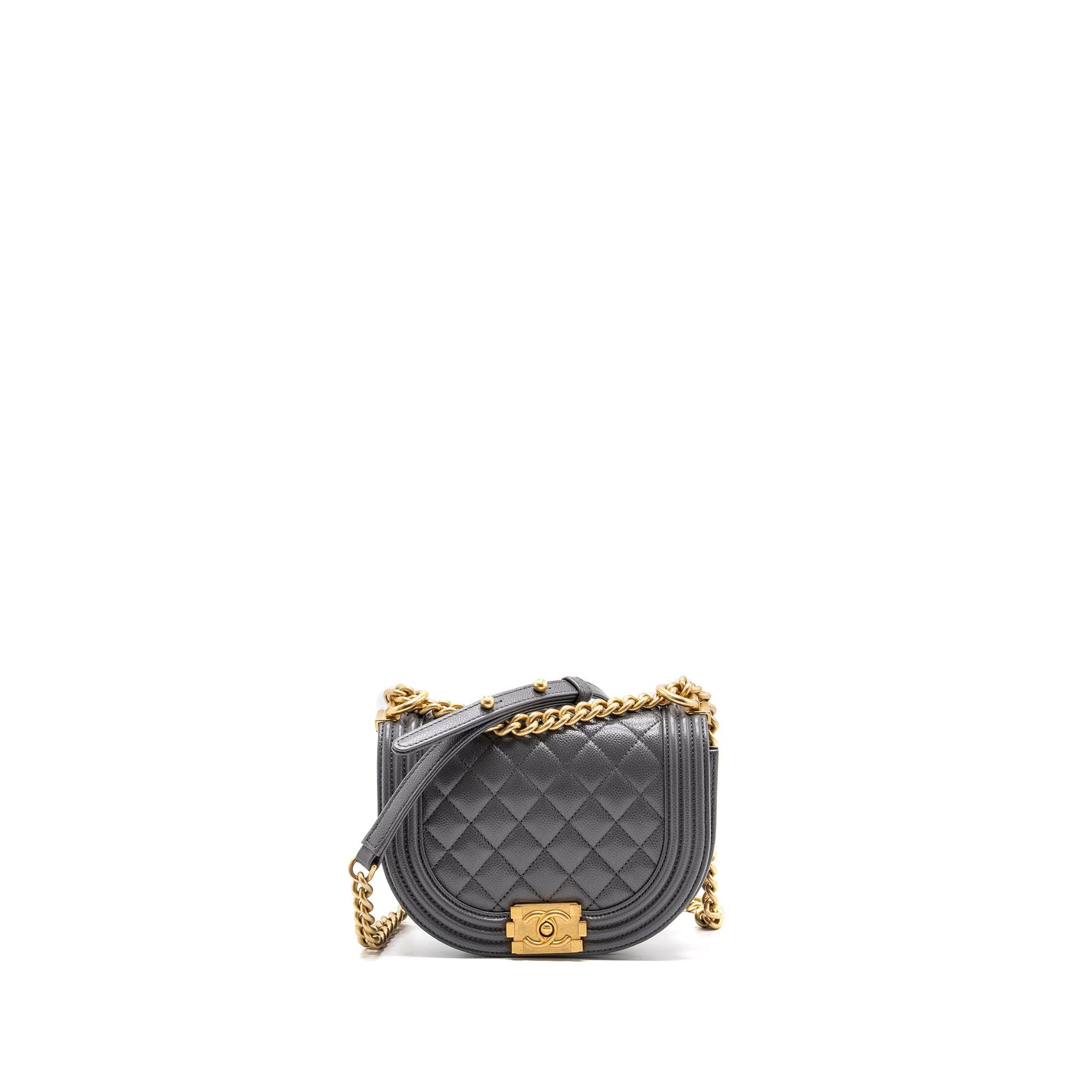 Chanel 22A Round Boy Messenger Caviar GHW Grey Messenger Bag