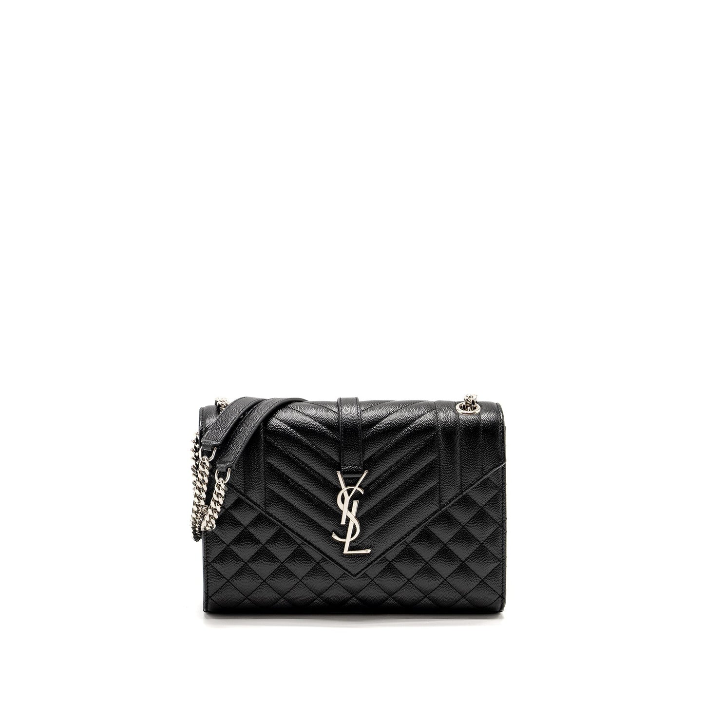 YSL Saint Laurent Envelope Chain Purse Grained Calfskin Mix Travel Matelasse Black Travel Bag Black Shw