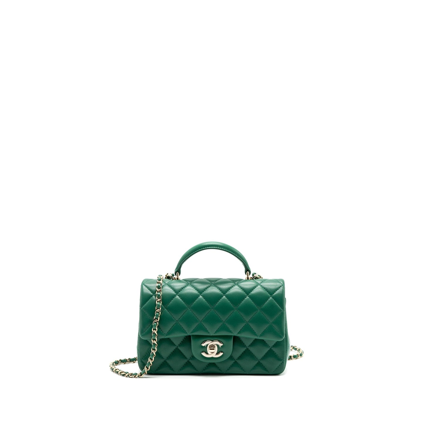 Chanel Top Handle Flap Lambskin LGHW Microchip Green Shoulder Bag