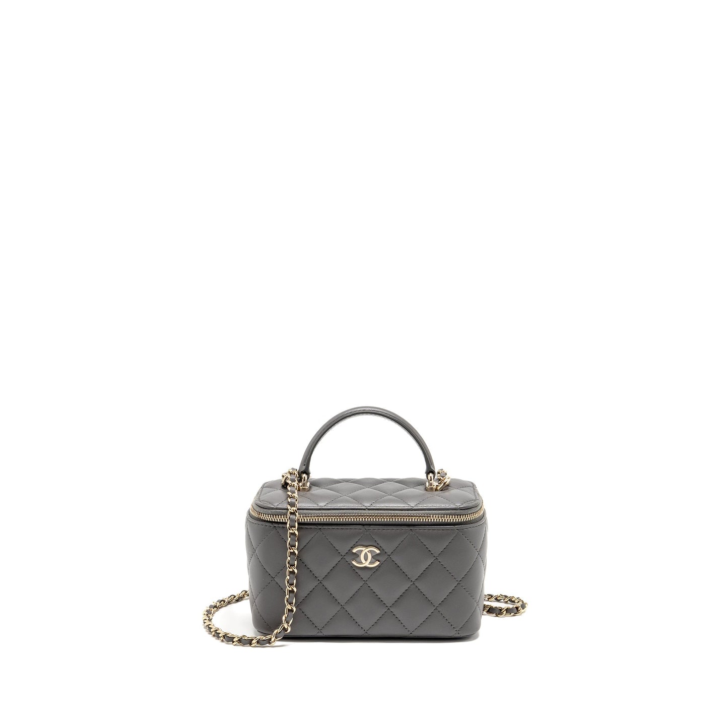 Chanel Top Handle Long Vanity Lambskin LGHW Grey Handbag Microchip 1