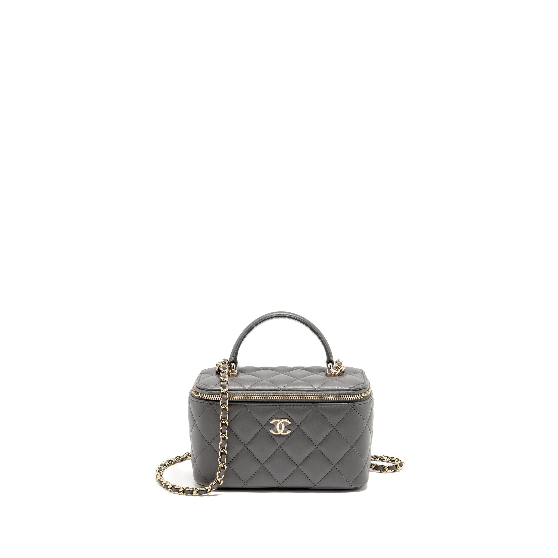 Chanel Top Handle Long Vanity Lambskin LGHW Grey Handbag Microchip 1
