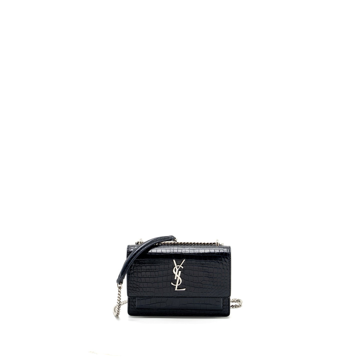 YSL Saint Laurent Sunset Purse Crocodile Embossed Calfskin Navy Travel Mini Travel Bag
