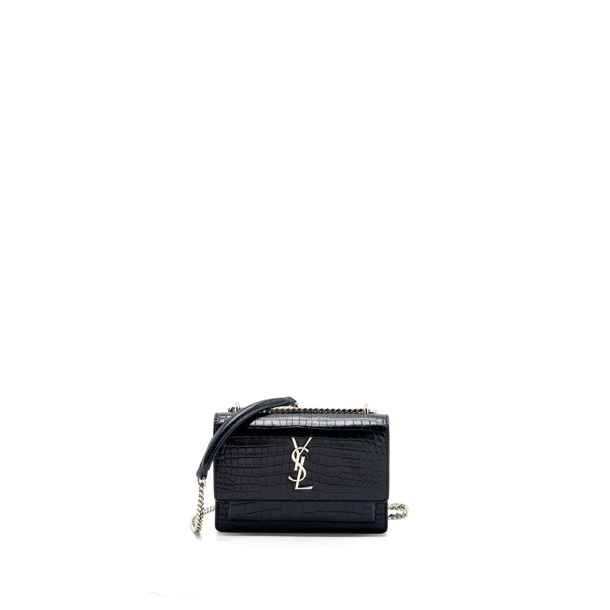 YSL Saint Laurent Sunset Purse Crocodile Embossed Calfskin Navy Travel Mini Travel Bag