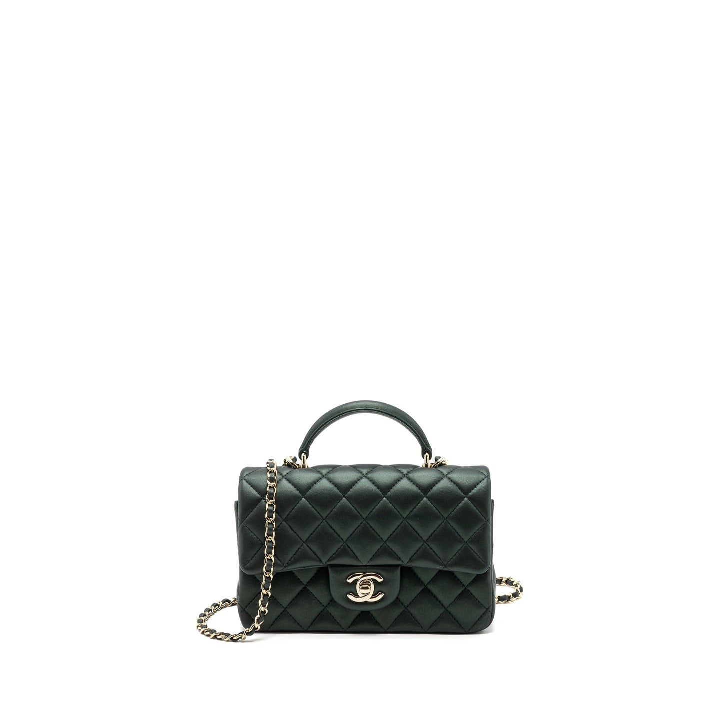 Chanel Top Handle Rectangular Flap Lambskin Dark Green Shoulder Bag