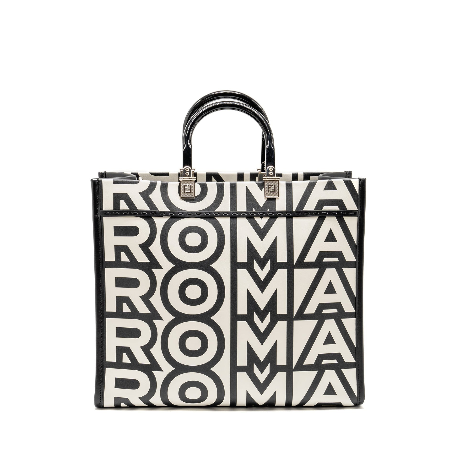 Fendi Sunshine Roma Shopping Purse Calfskin Black White Medium Tote Bag