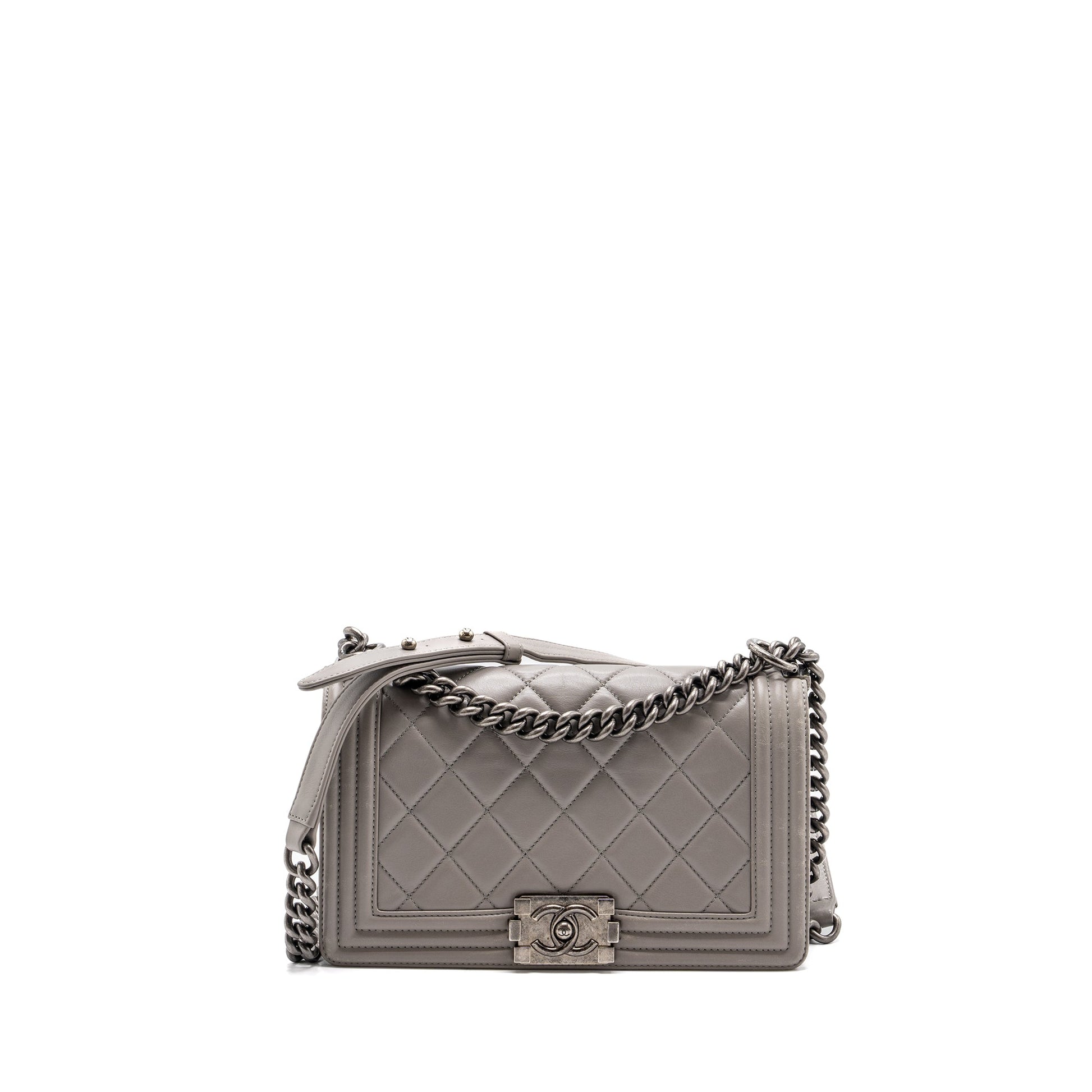 Chanel Boy Calfskin Ruthenium Hardware Blue Silver Grey Handbag
