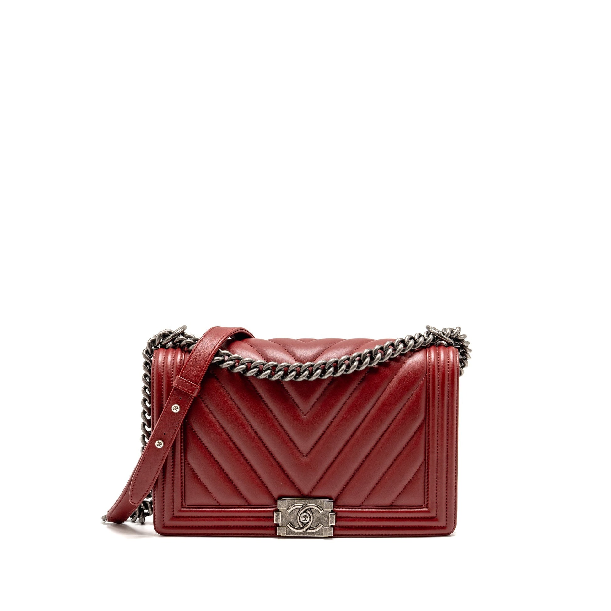 Chanel Chevron New Boy Calfskin Ruthenium Hardware Red Handbag