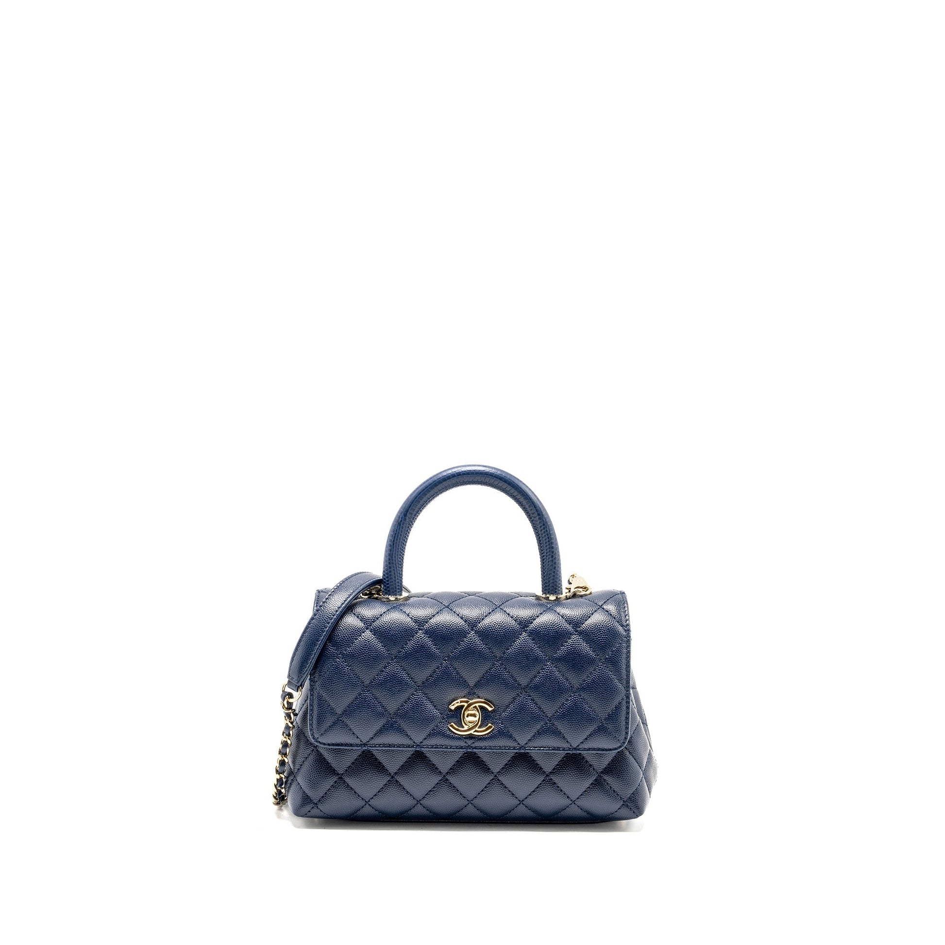 Chanel Coco Lizard Embossed Handle Caviar Navy Small Handbag