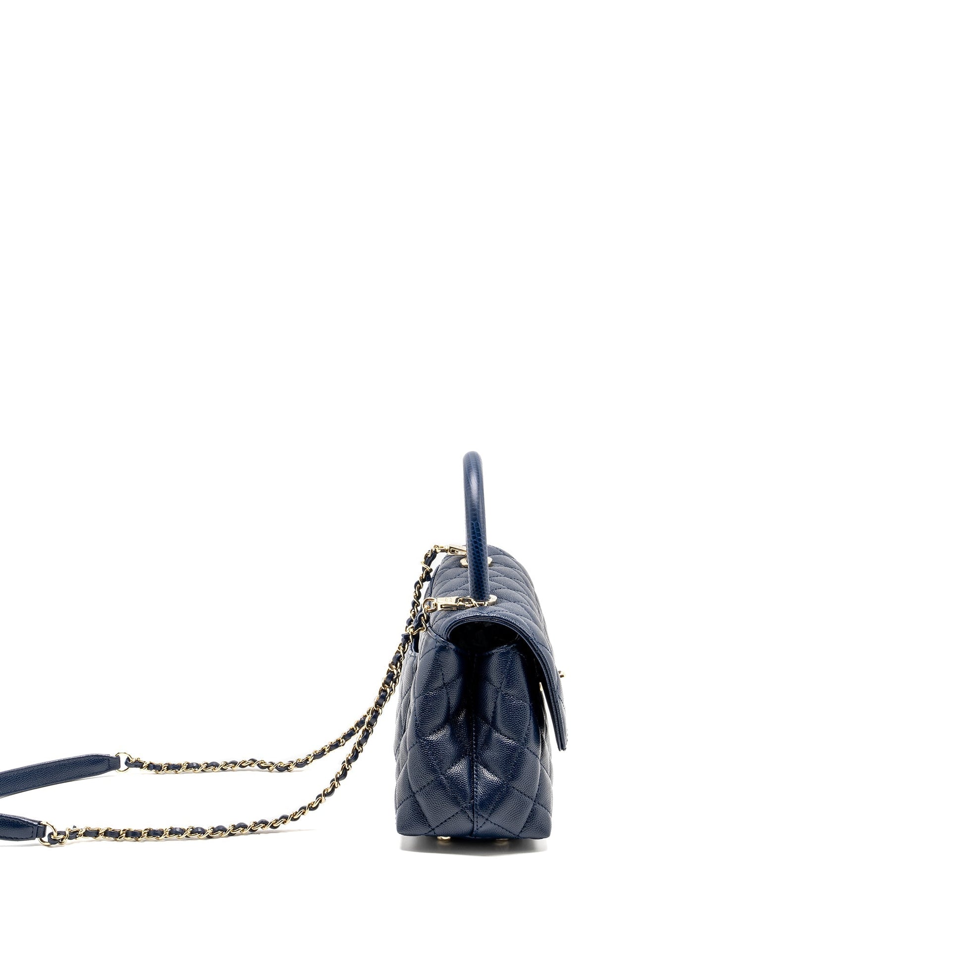 Chanel Coco Lizard Embossed Handle Caviar Navy Small Handbag