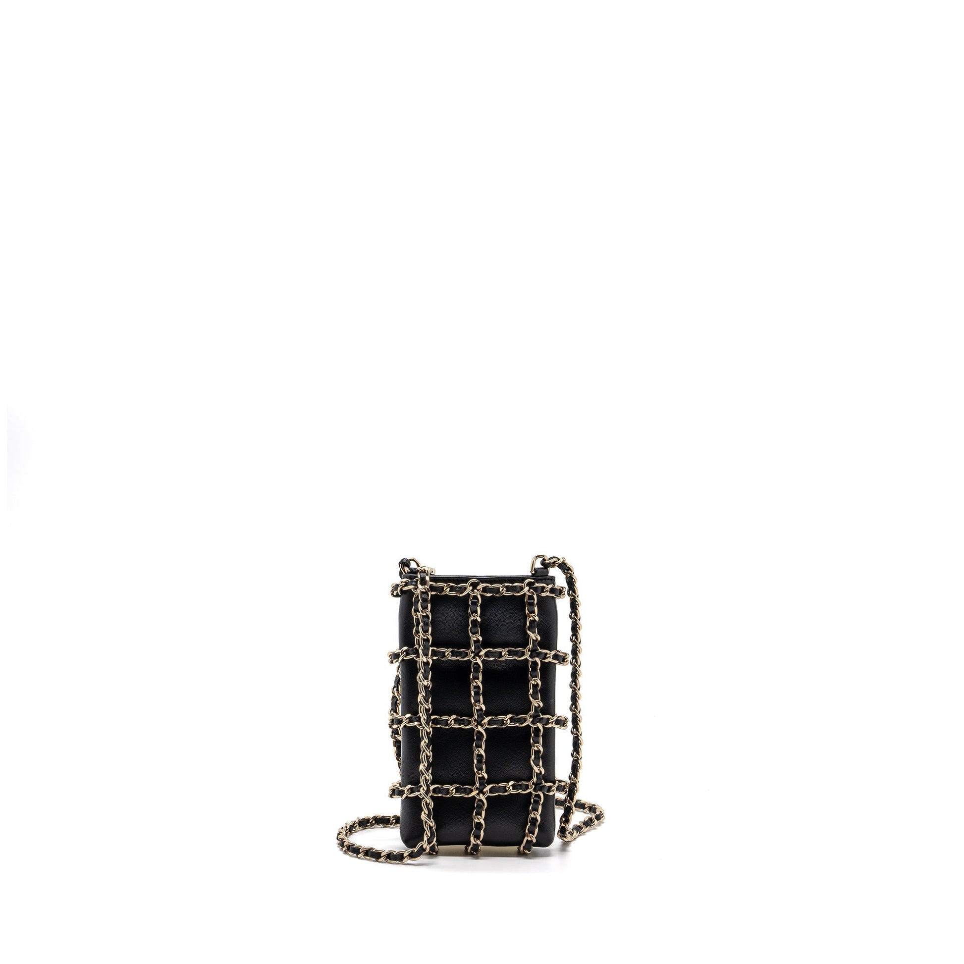 Chanel O Phone Holder Lambskin LGHW Black Gold Clutch Bag