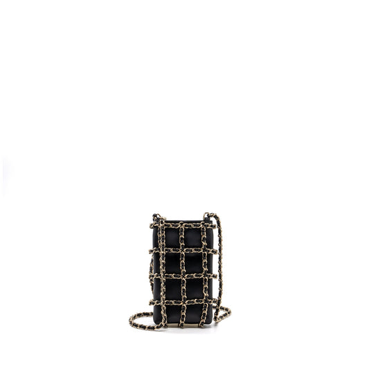 Chanel O Phone Holder Lambskin LGHW Black Gold Clutch Bag