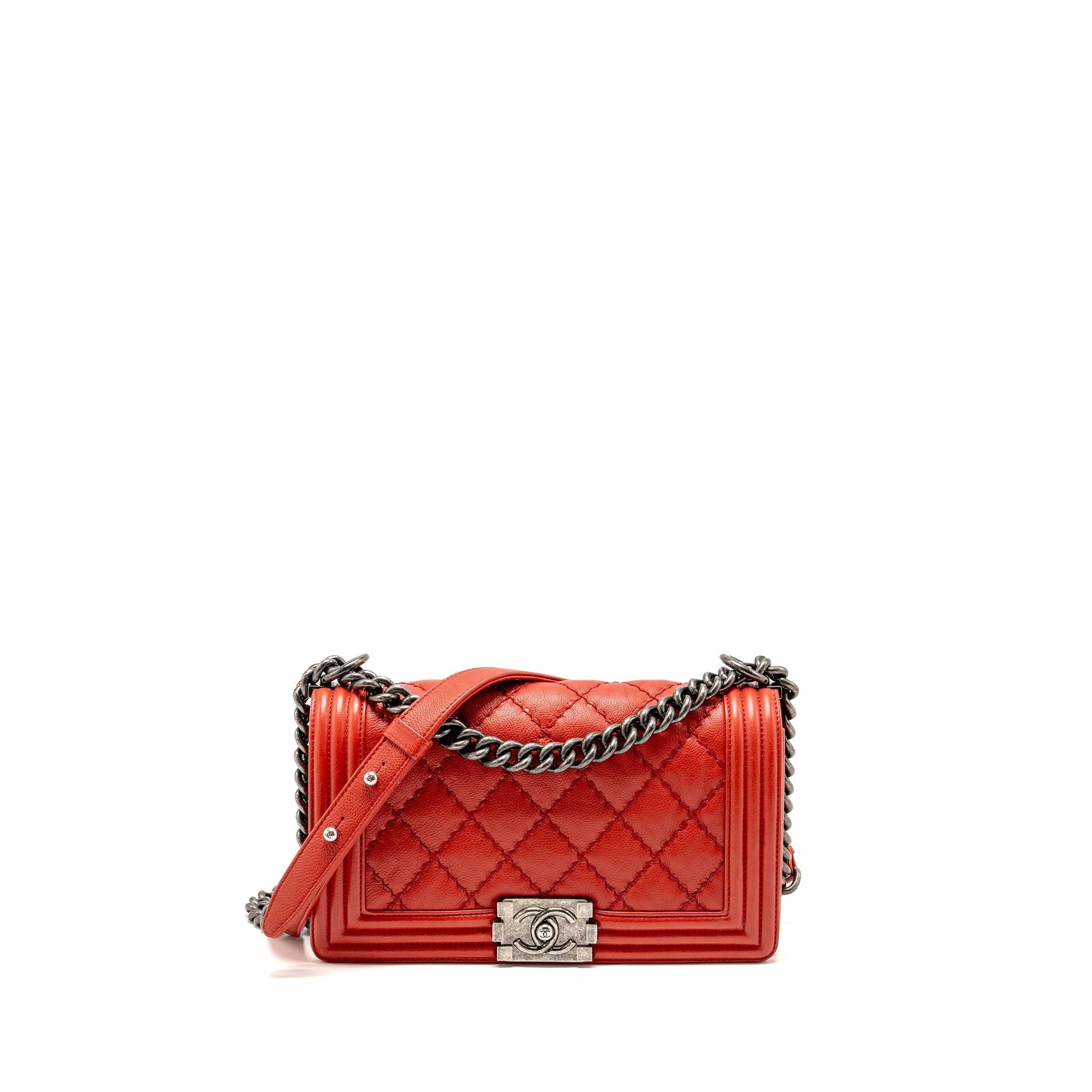 Chanel Quilted Boy Calfskin Ruthenium Hardware Red Silver Handbag