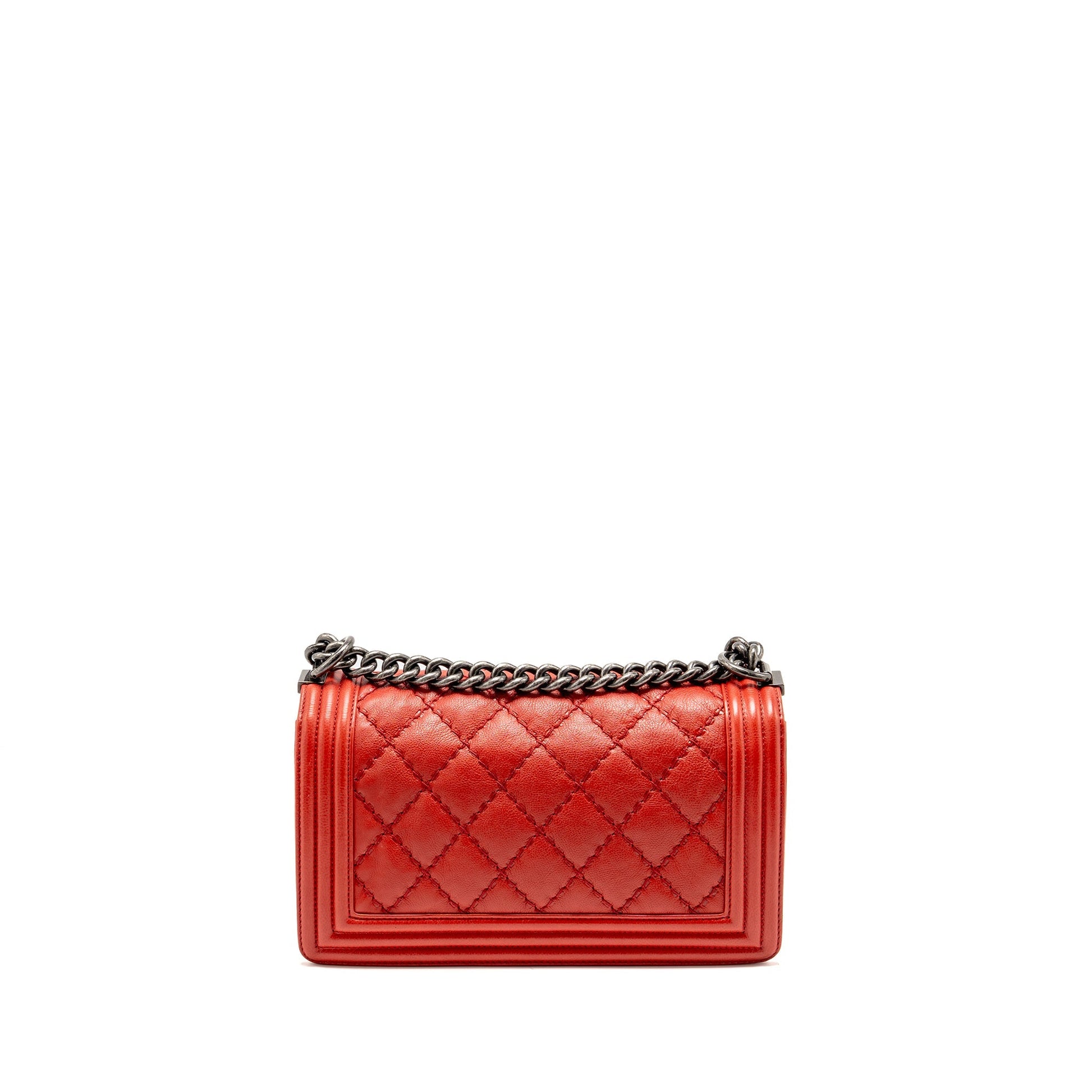 Chanel Quilted Boy Calfskin Ruthenium Hardware Red Silver Handbag