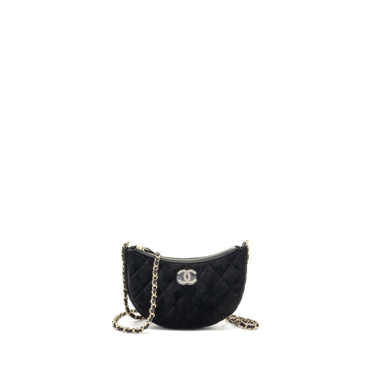 Chanel Quilted Crystal Hobo Velvet LGHW microchip Black Crossbody Bag