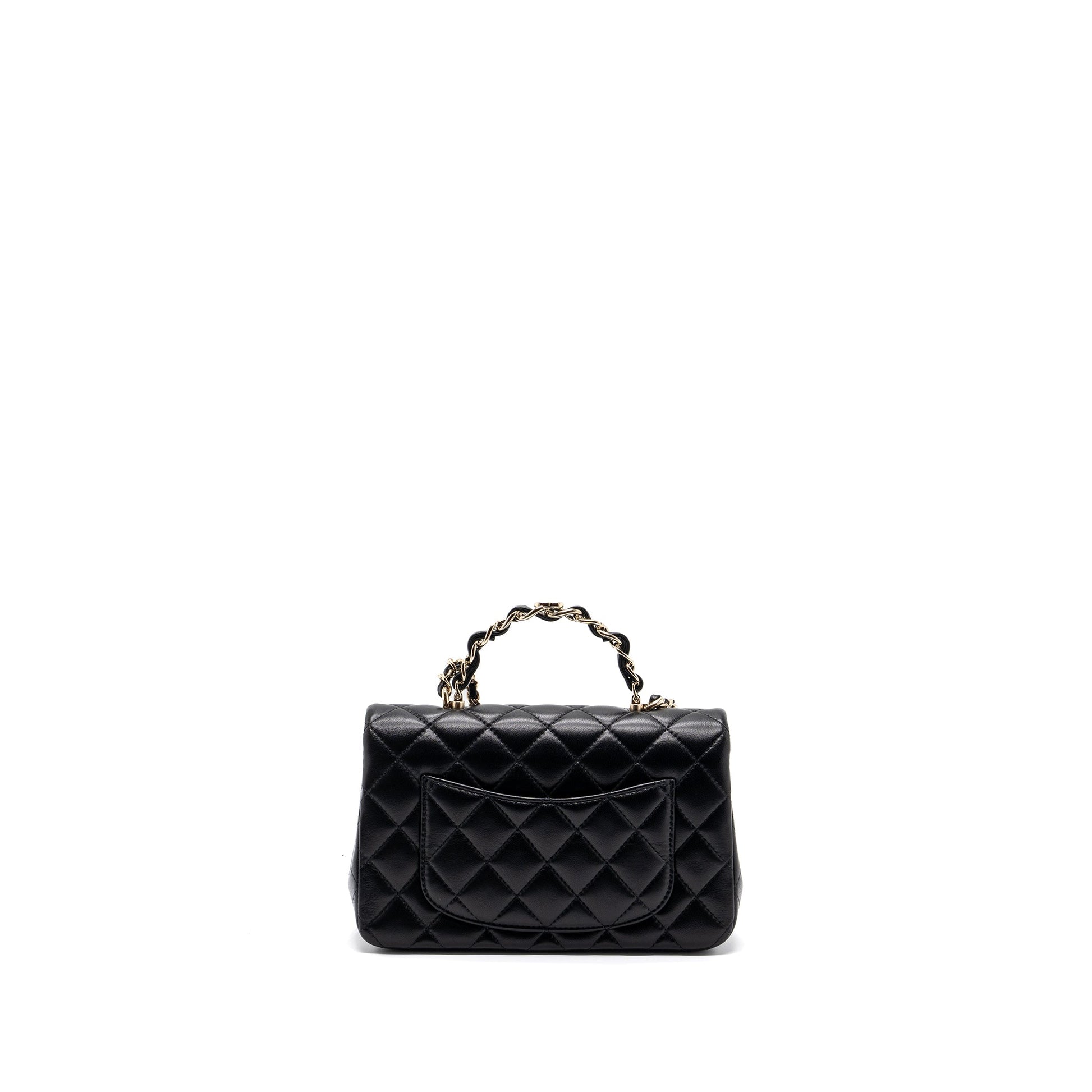 Chanel 23K Top Handle Rectangular Flap Lambskin Black Leather Shoulder Bag