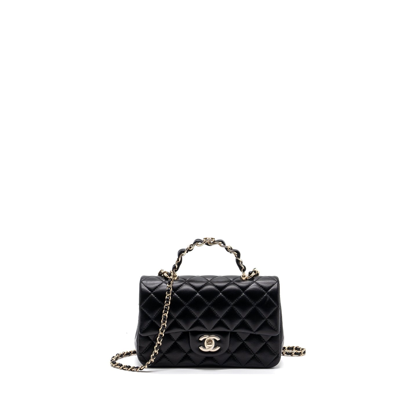 Chanel 23K Top Handle Rectangular Flap Lambskin Black Leather Shoulder Bag