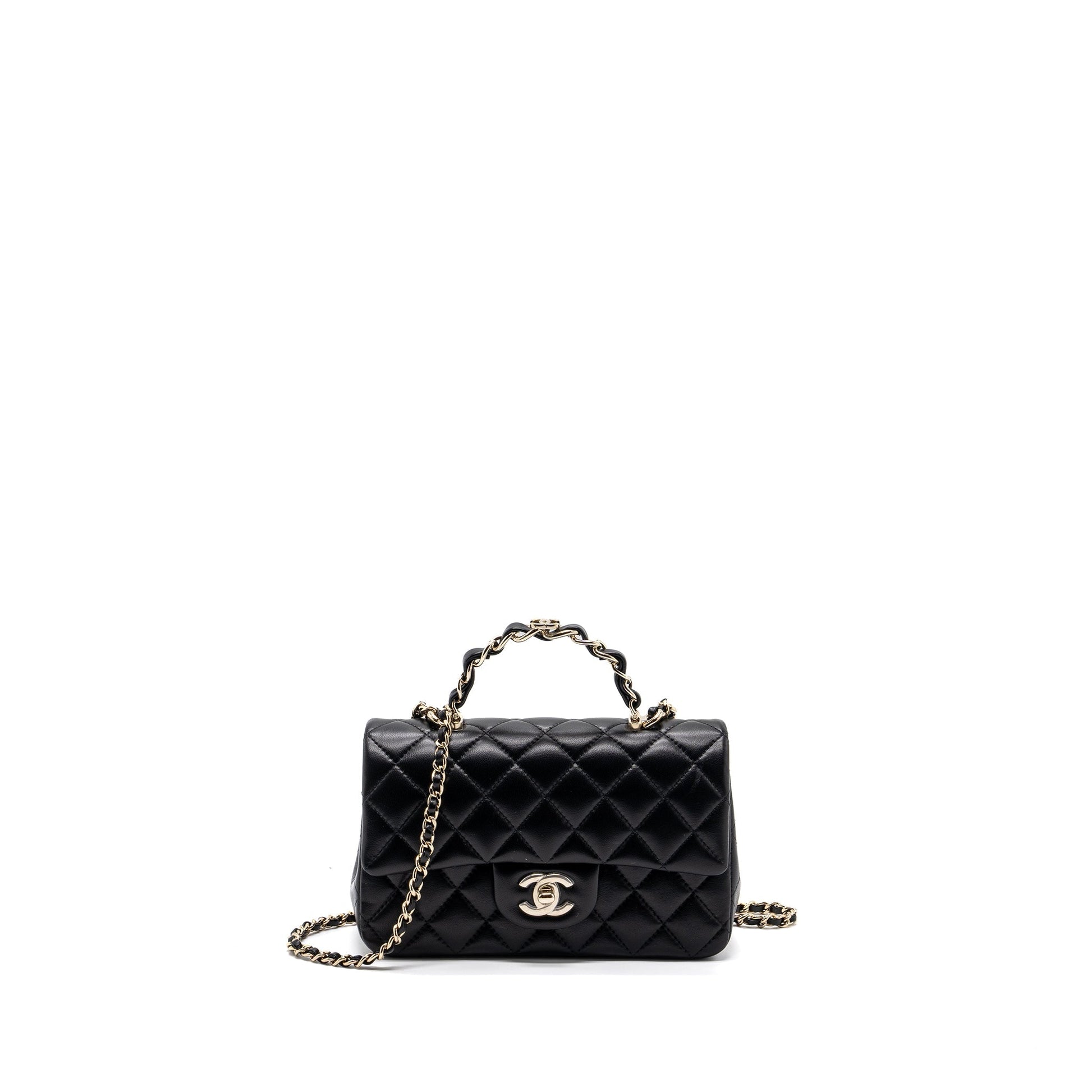 Chanel 23K Top Handle Rectangular Flap Lambskin Black Leather Shoulder Bag