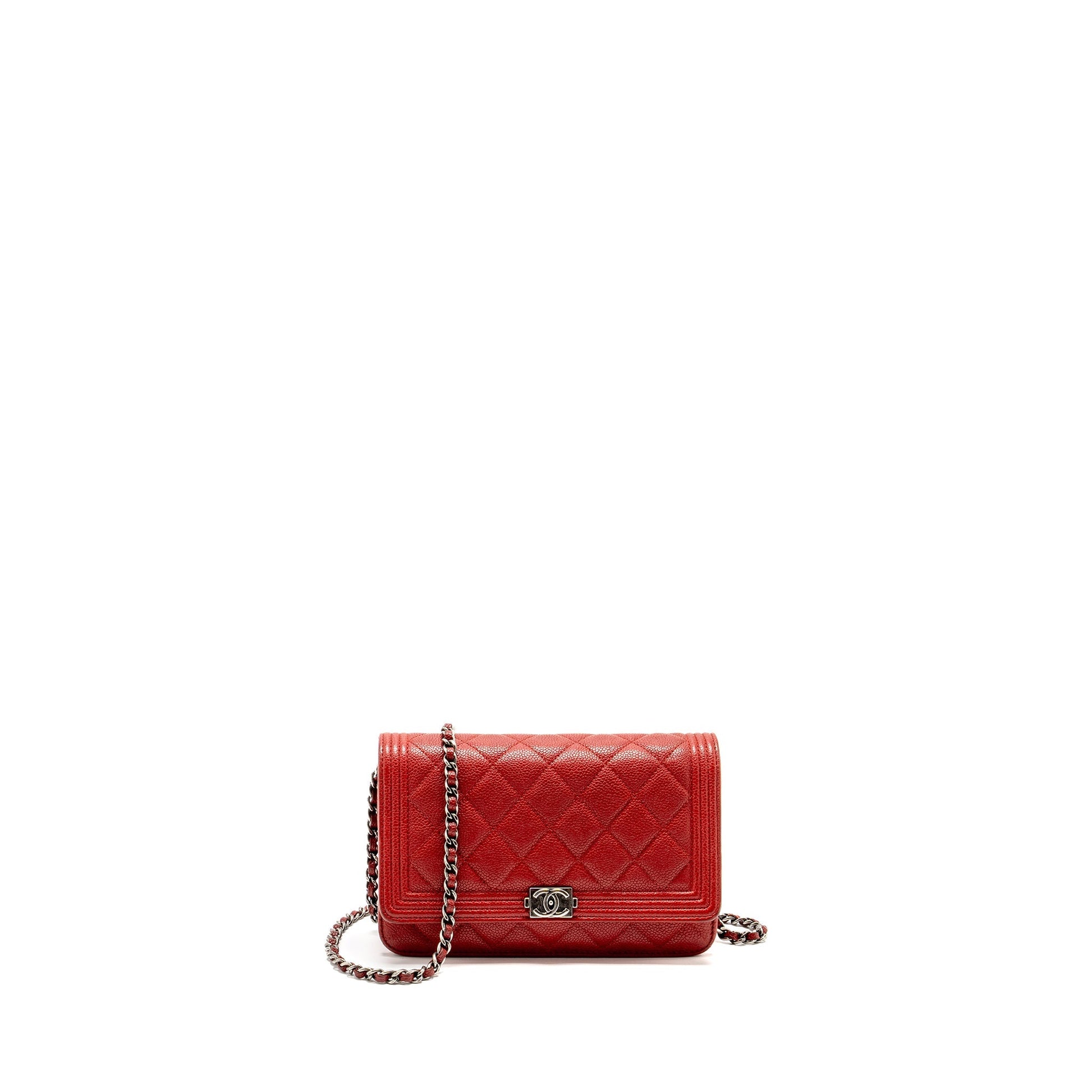 Chanel Boy On Caviar Ruthenium Hardware Red Silver Wallet Case