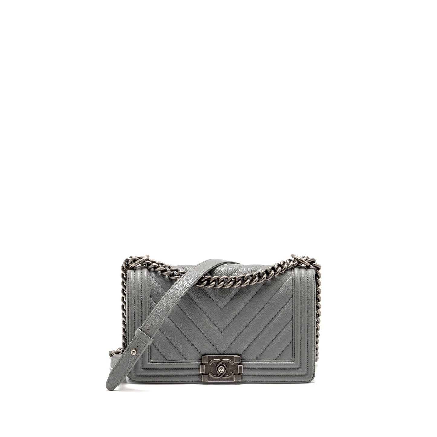 Chanel Boy Chevron Caviar Ruthenium Hardware Silver Grey Handbag