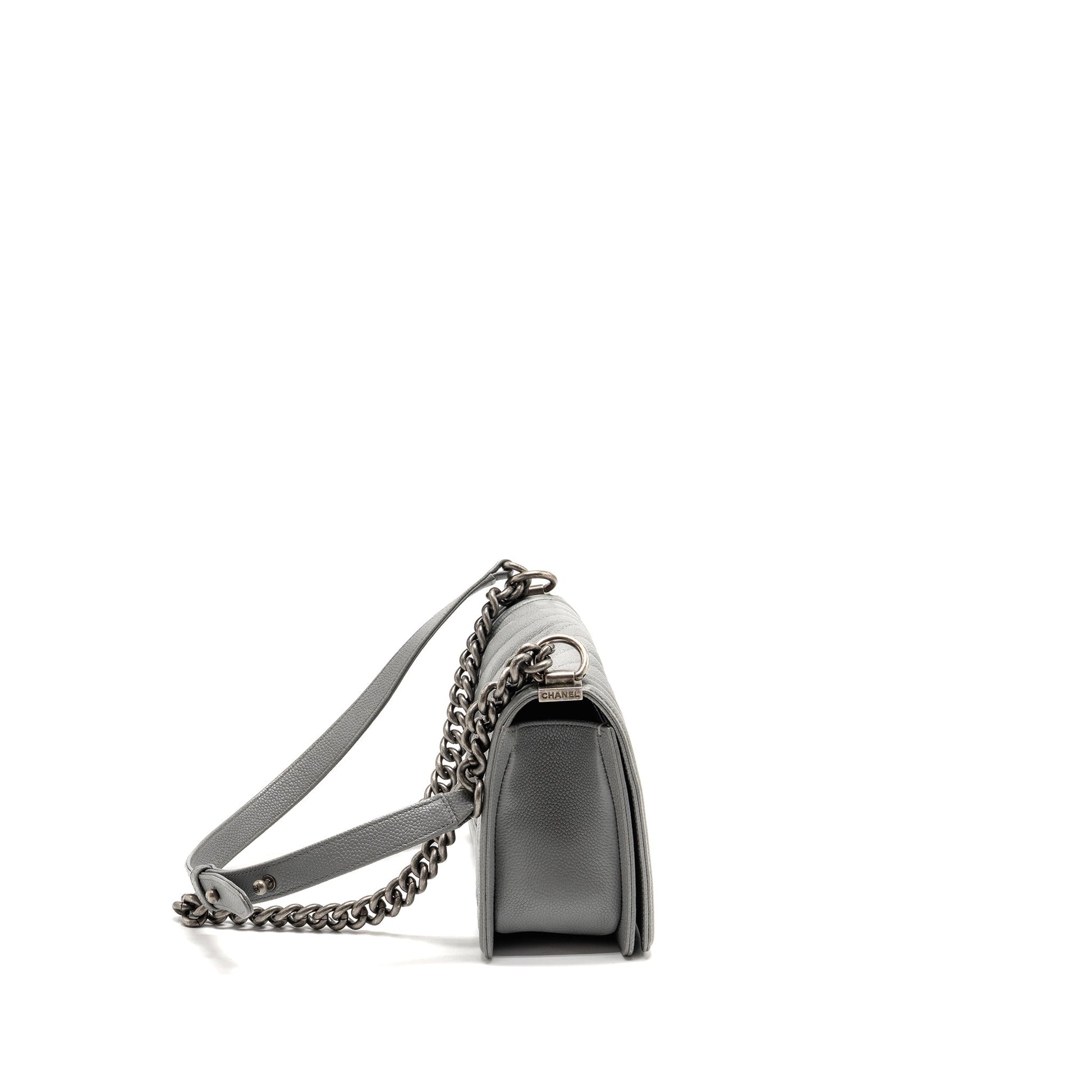 Chanel Boy Chevron Caviar Ruthenium Hardware Silver Grey Handbag