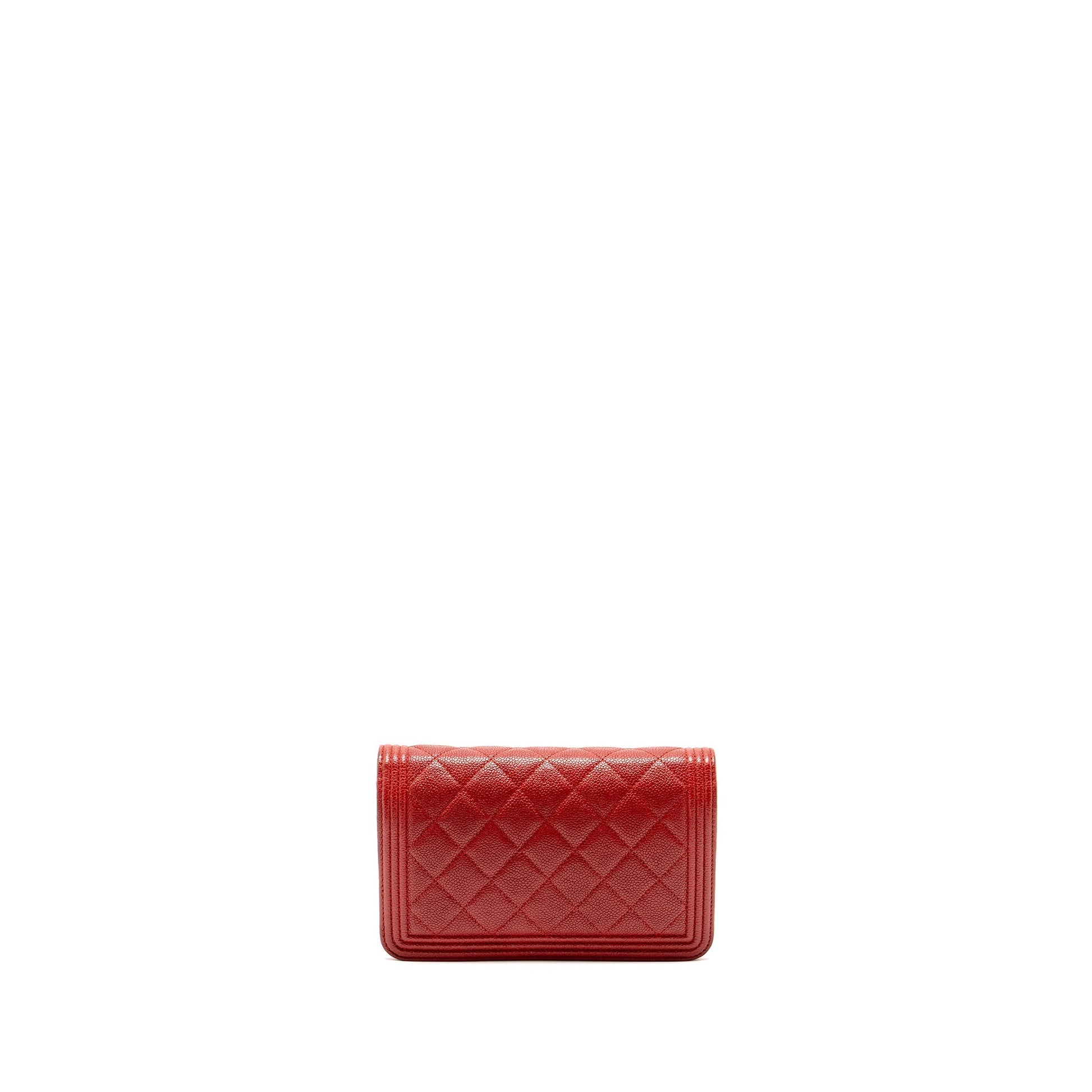 Chanel Boy On Caviar Ruthenium Hardware Red Silver Wallet Case