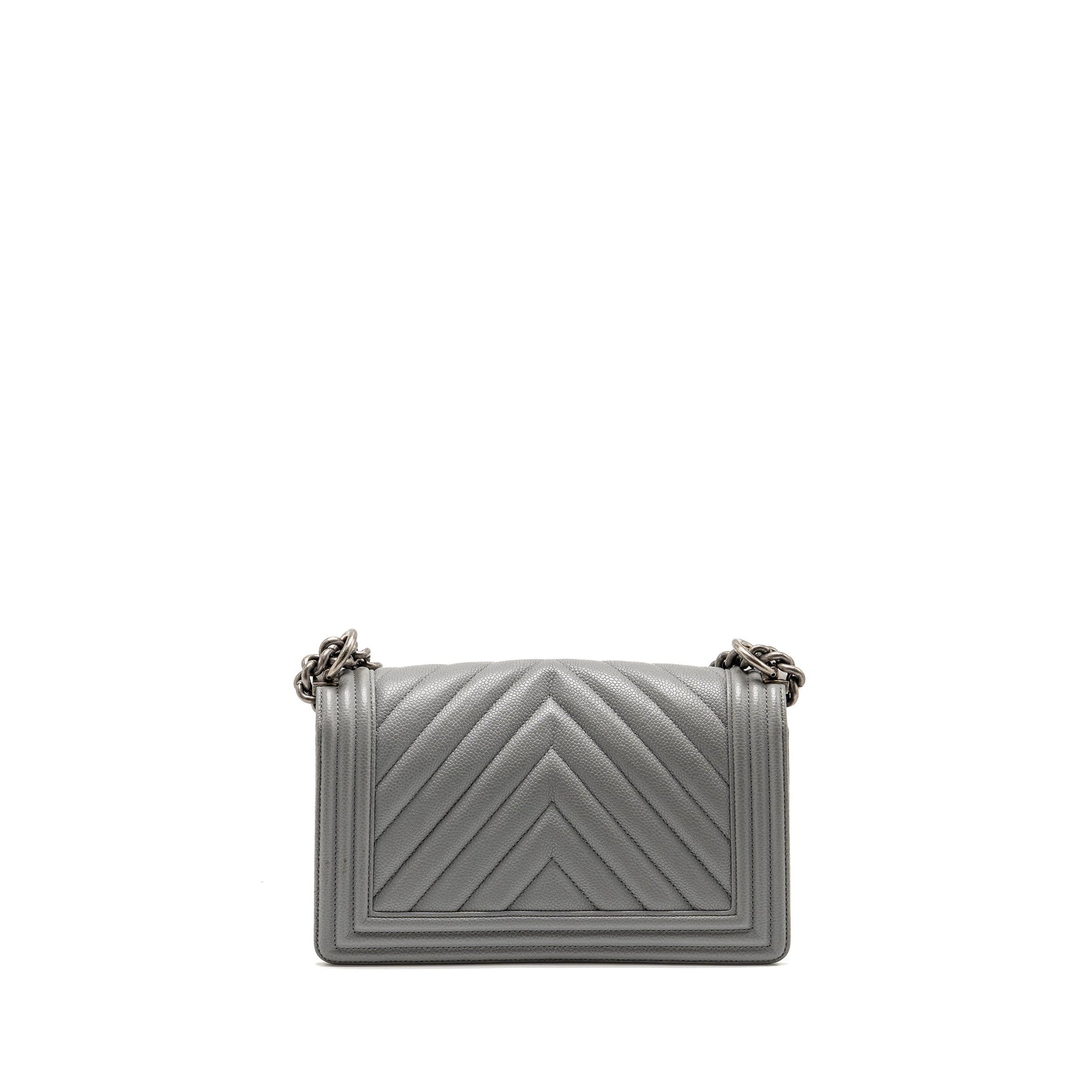 Chanel Boy Chevron Caviar Ruthenium Hardware Silver Grey Handbag