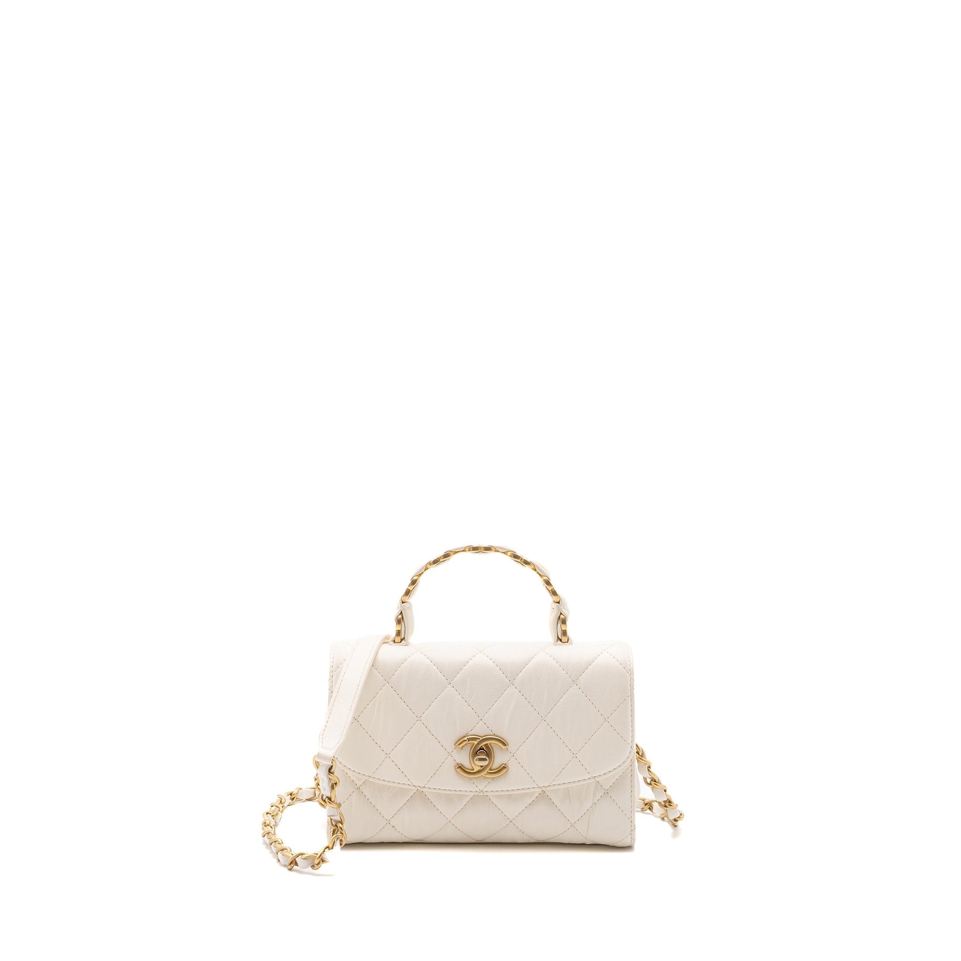 Chanel Top Handle Flap Lambskin Brush GHW White Shoulder Bag