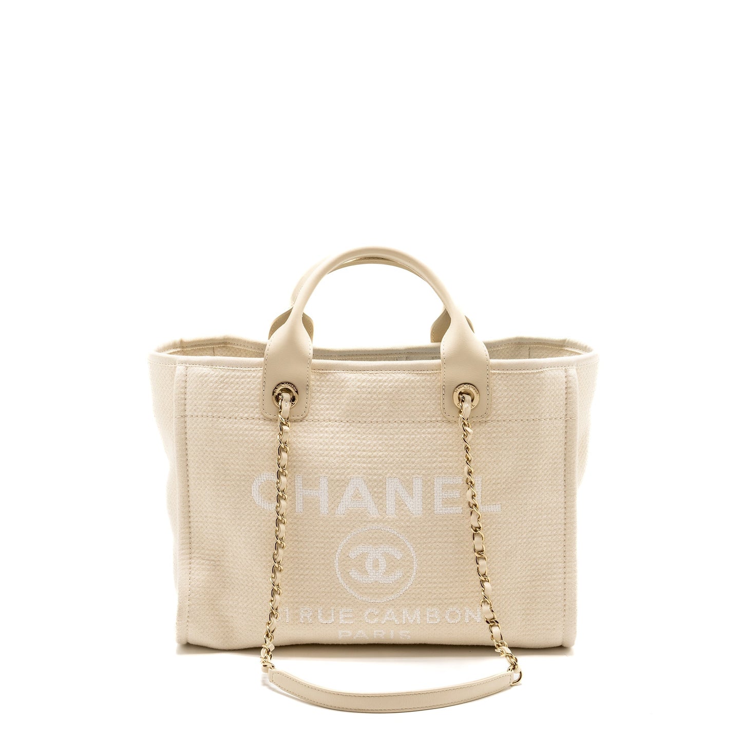 Chanel Deauville Shopping Calfskin Fabric Light LGHW Beige Small Tote Bag